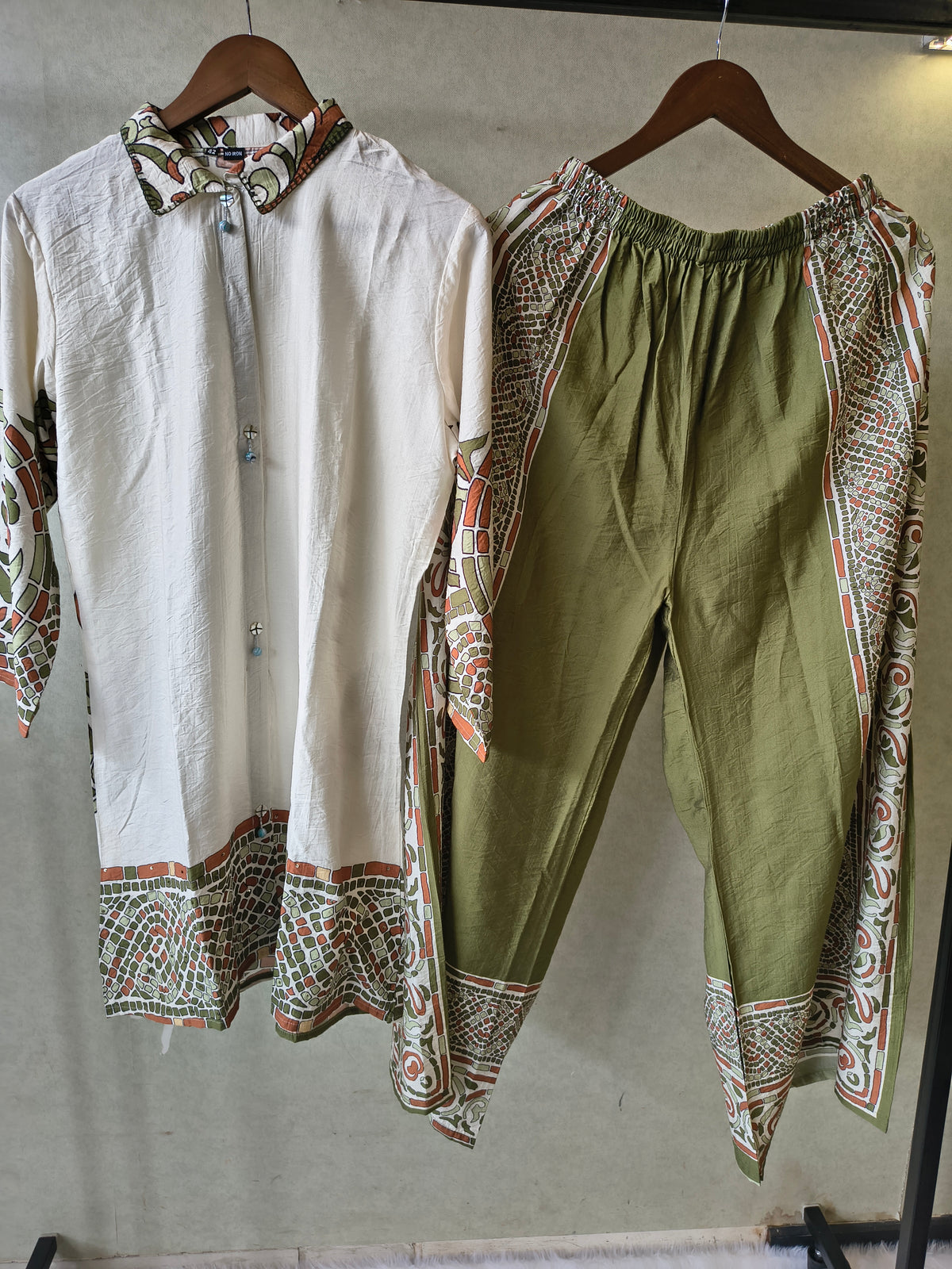 Premium Ivory Printed Cotton Kurta with Olive Pants & Printed Dupatta Set