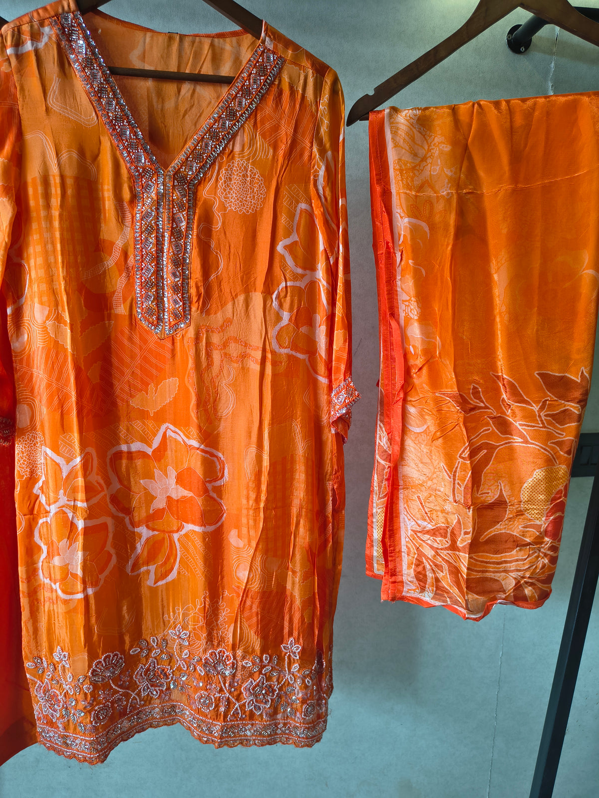 Burnt Orange Printed Silk Blend Kurta Set with Embellished Neckline & Floral Border – Premium 3 Piece Ethnic Ensemble