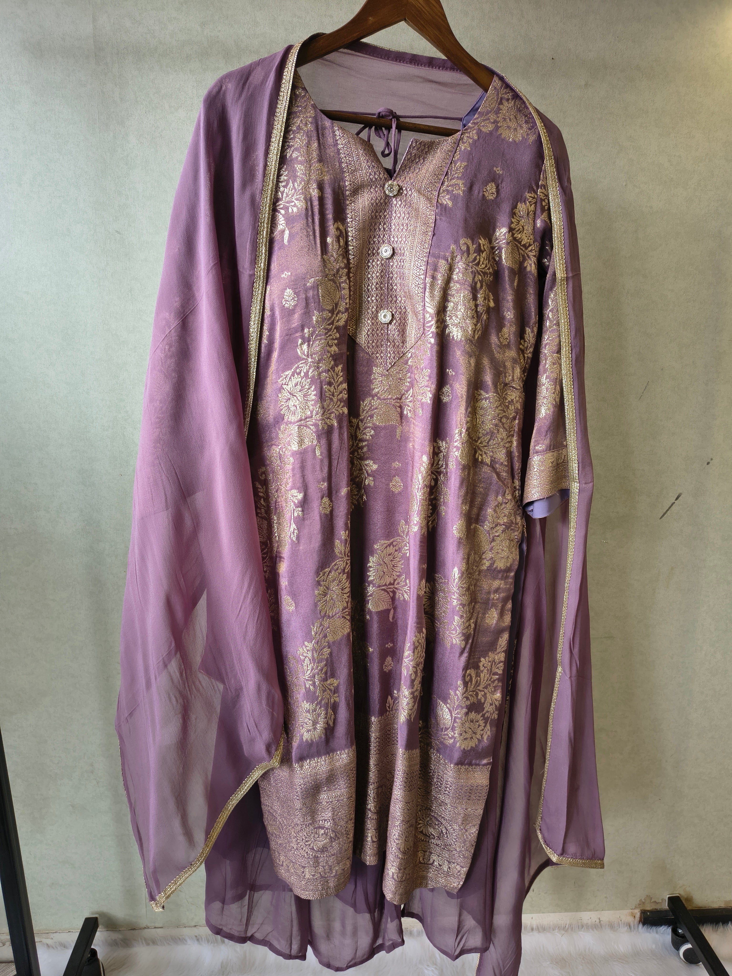 Image of Premium Lavender Jacquard Straight Kurta with Georgette Sharara & Dupatta Set