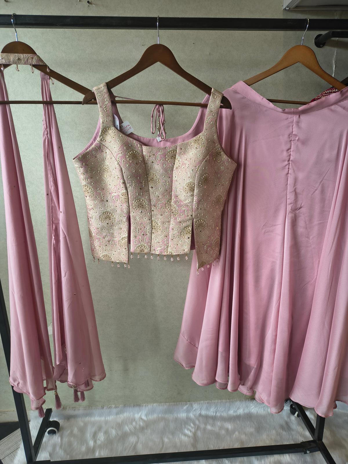 Premium Blush Pink 3-Piece Designer Lehenga Set with Brocade Embroidered Blouse & Tassel Dupatta