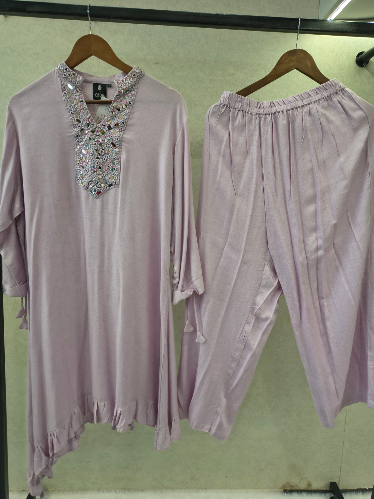Premium Lilac Mirror Work Co-Ord Kurta Set with Designer Embellished Neckline