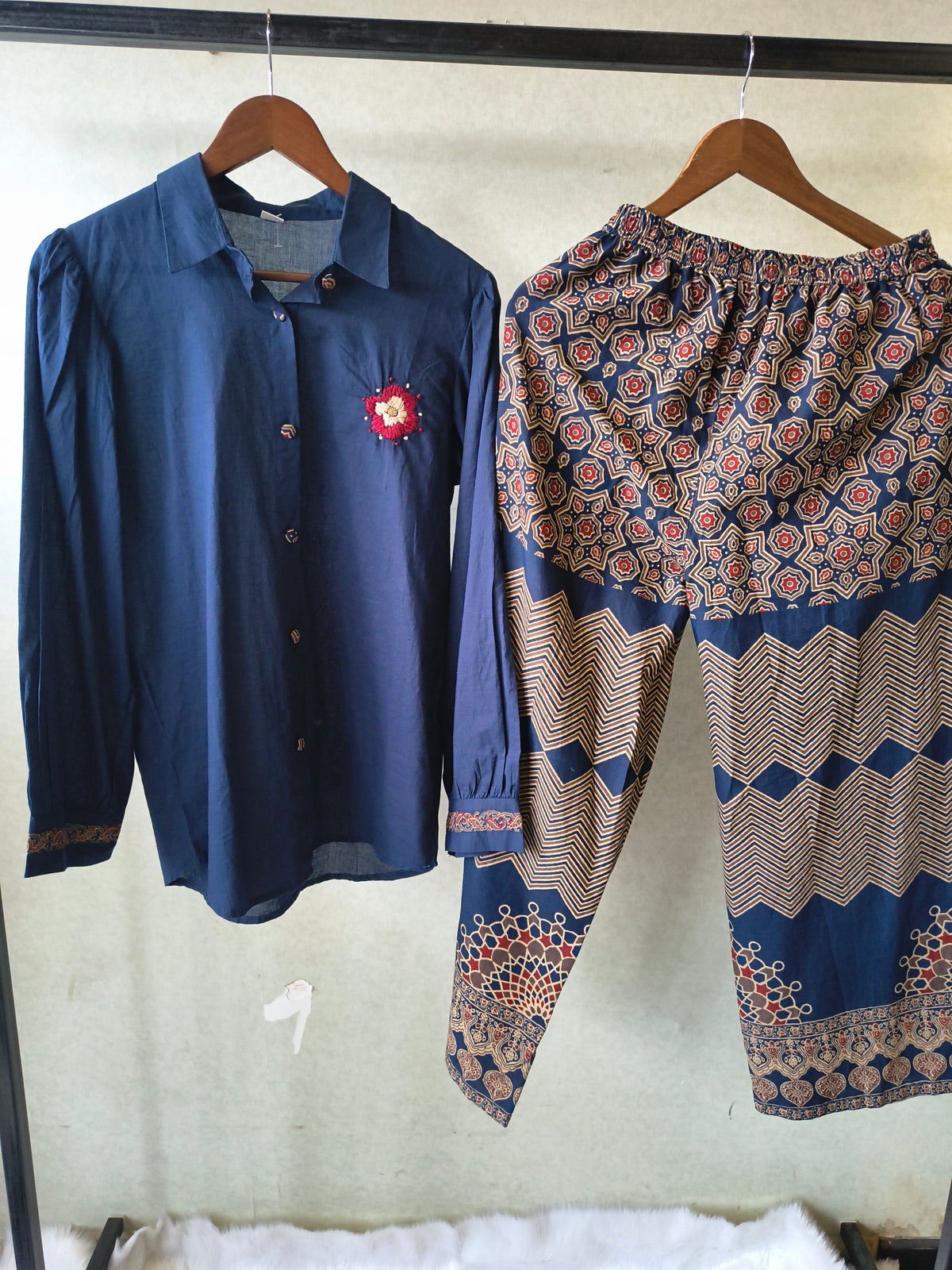 Navy Blue Designer Shirt Co-Ord Set with Statement Printed Palazzo Pants