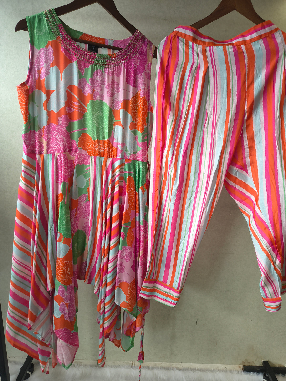 Premium Tropical Floral Handkerchief Kurta with Striped Tapered Pants Co-Ord Set