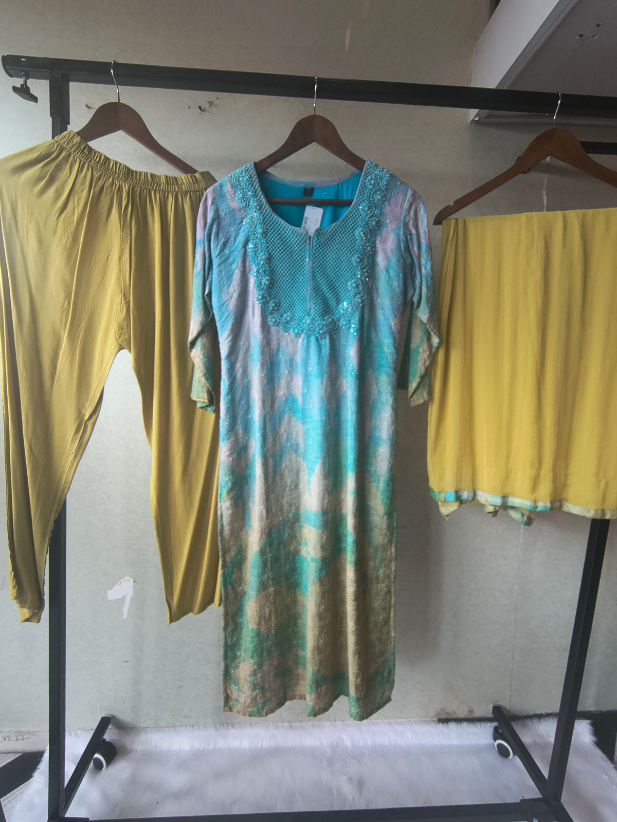 Premium Aqua Blue Digital Printed Kurta Set with Embroidered Yoke & Solid Mustard Palazzo with Dupatta