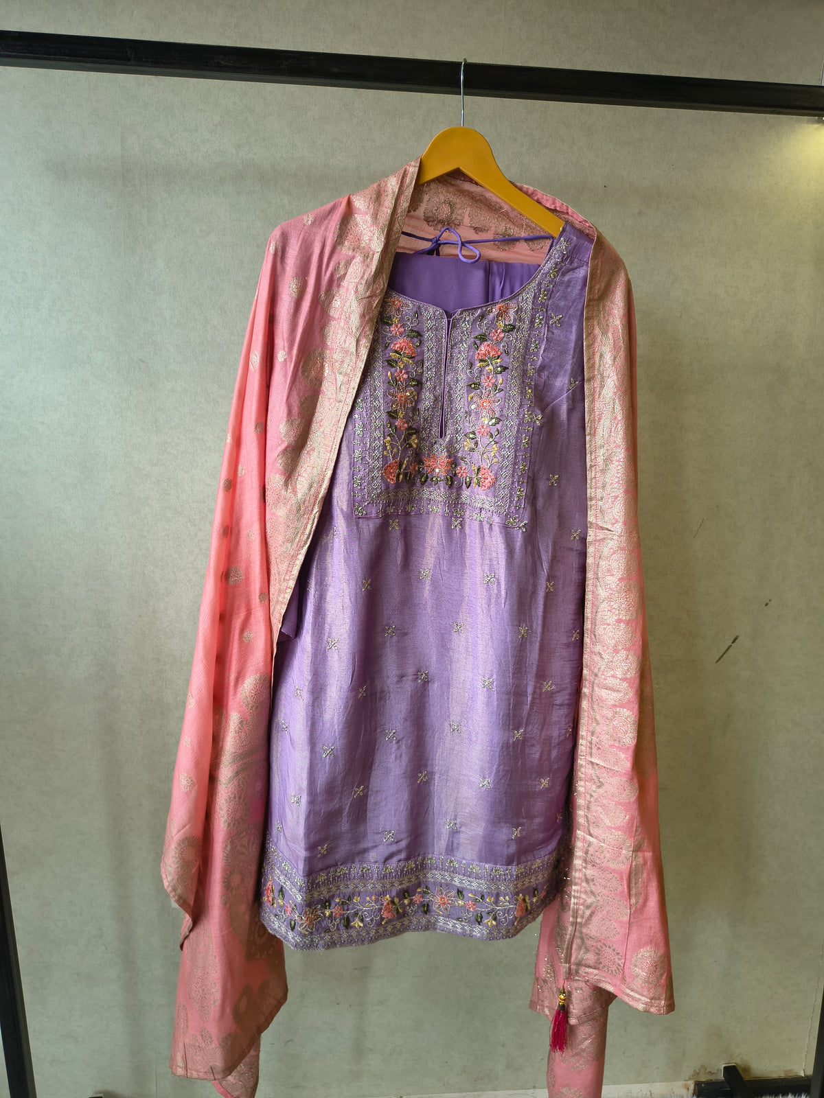 Premium Lavender Embroidered Kurta with Sharara & Banarasi Dupatta Set