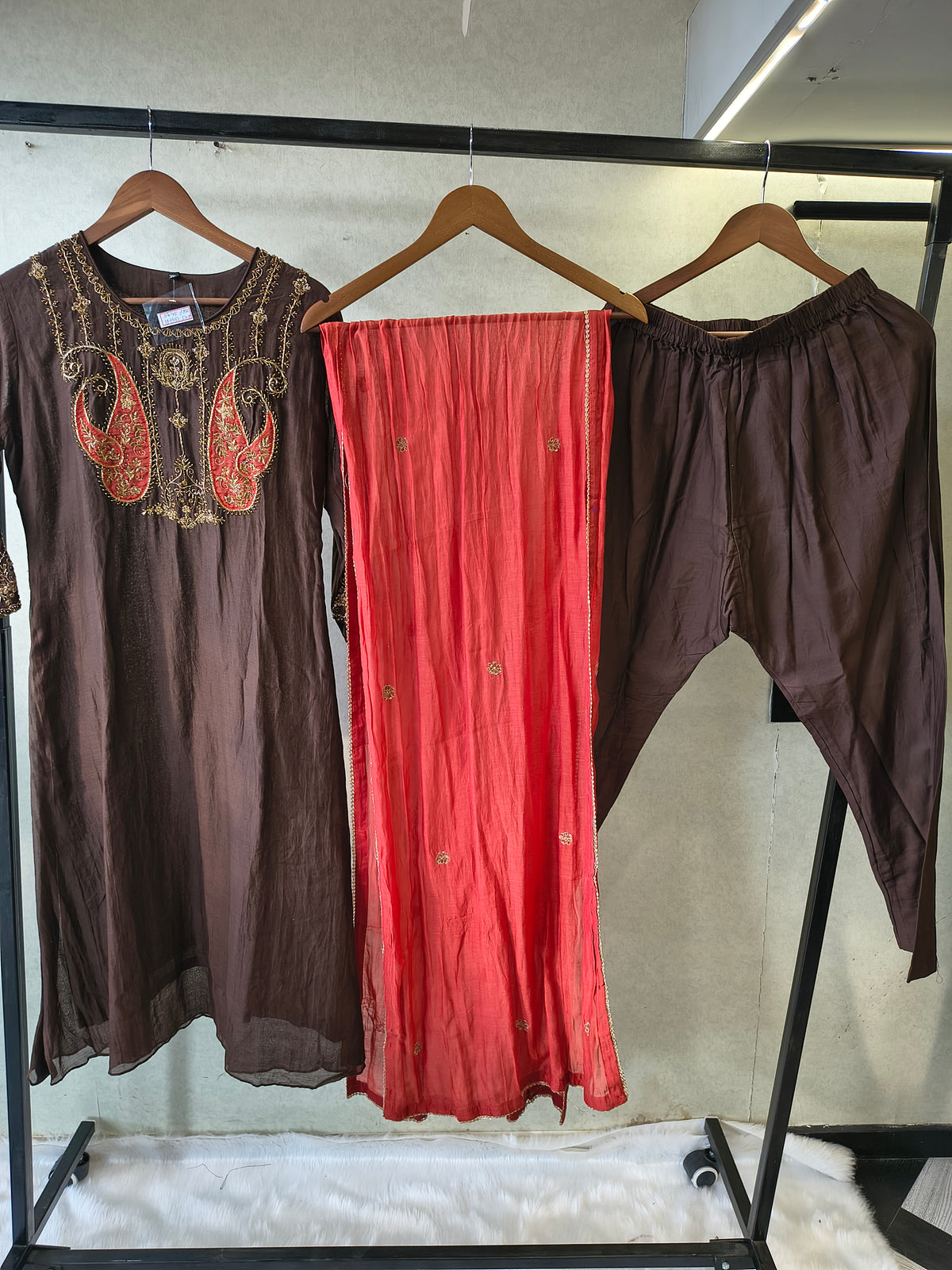 Midnight Black Embroidered Straight Kurta Set with Statement Paisley Yoke, Contrast Crimson Dupatta & Premium 3 Piece Ethnic Ensemble