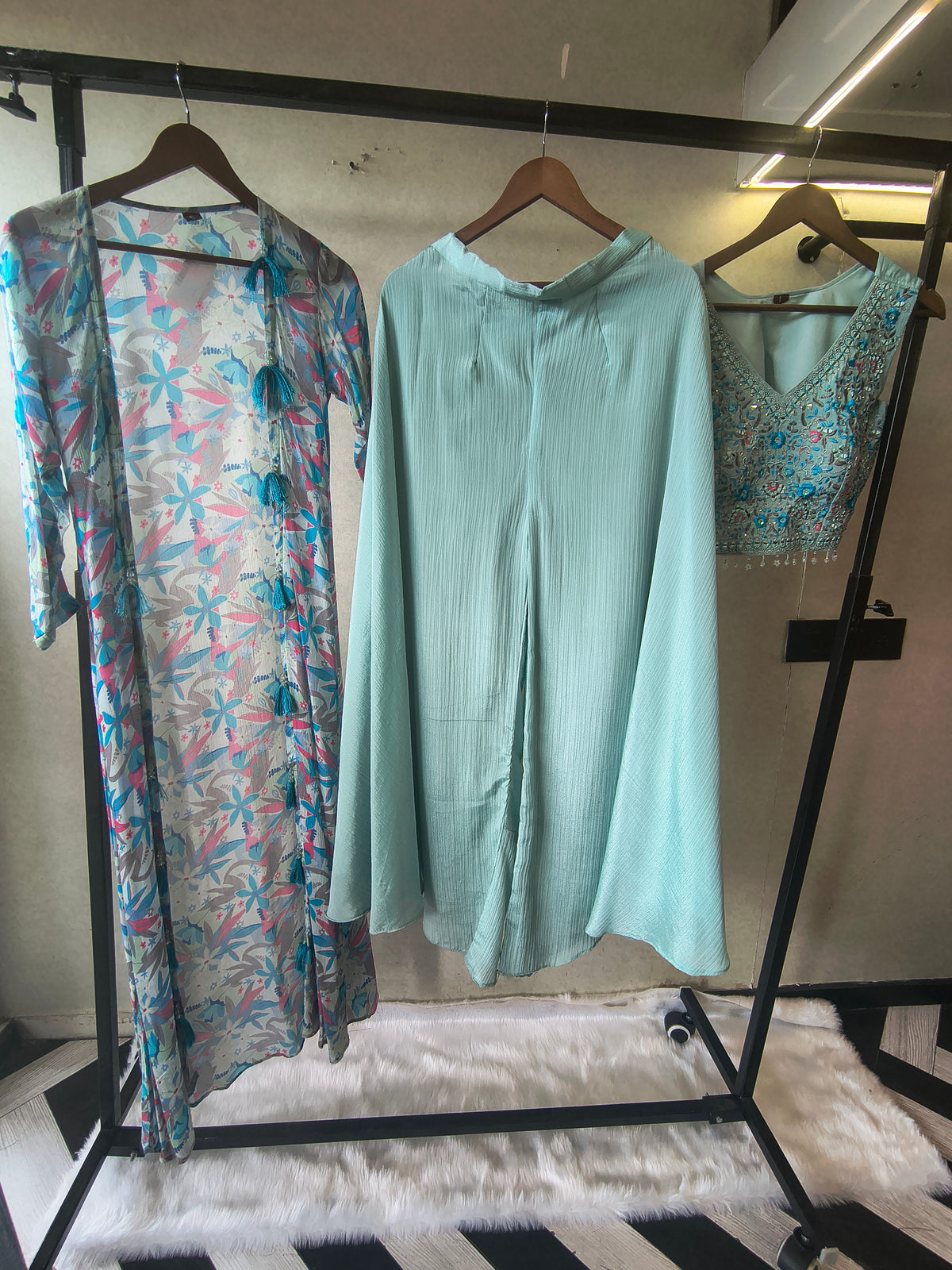 Powder Blue Mirror Embroidered Blouse with Drape Palazzo & Printed Tassel Dupatta – Designer 3 Piece Indo-Western Set