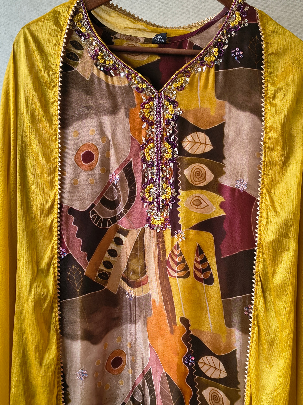 Premium Mustard Abstract Printed Kurta with Sharara & Dupatta Set