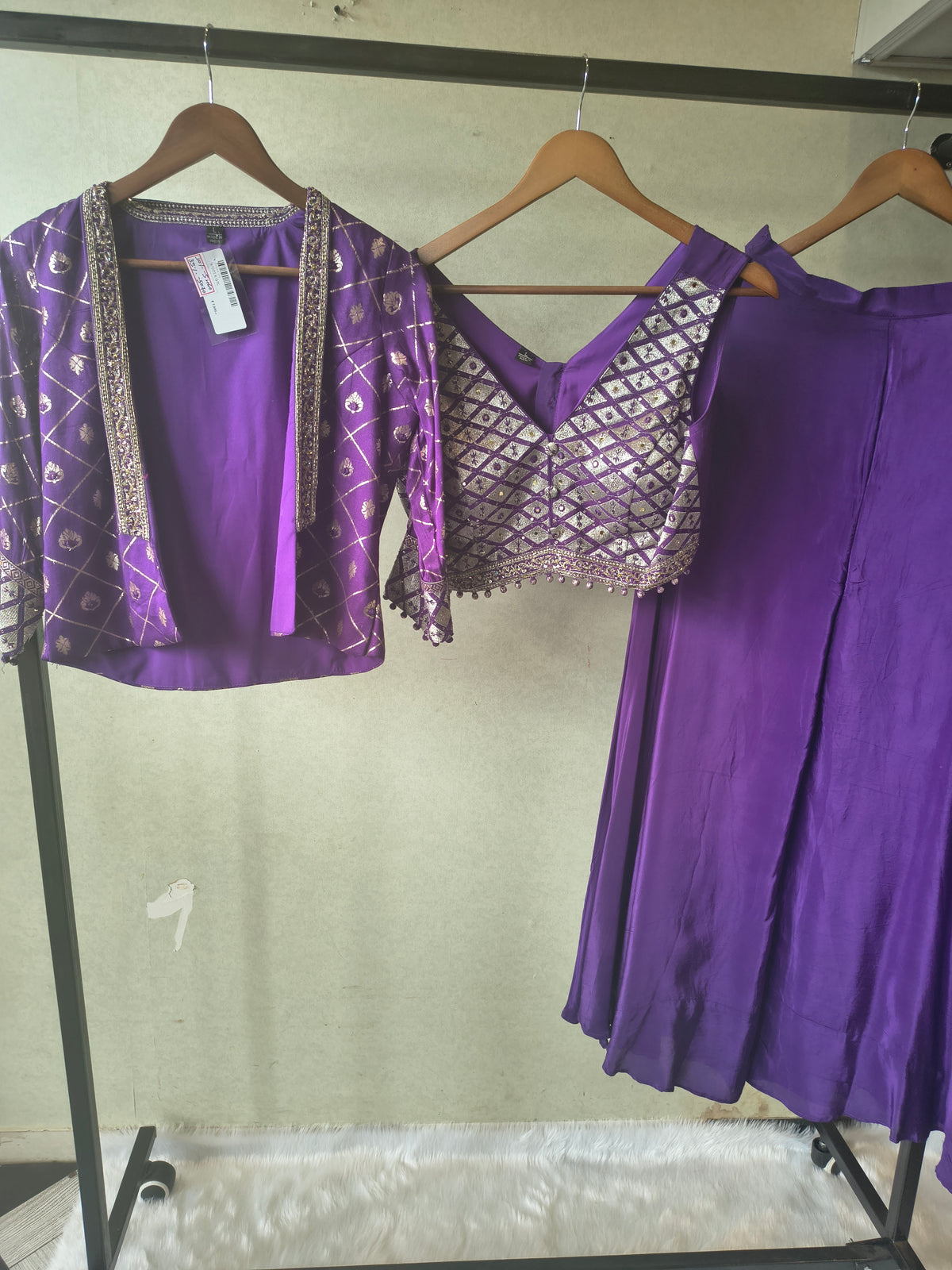 Royal Purple Mirror Embellished Blouse with Printed Jacket & Flared Palazzo – 3 Piece Designer Indo-Western Set