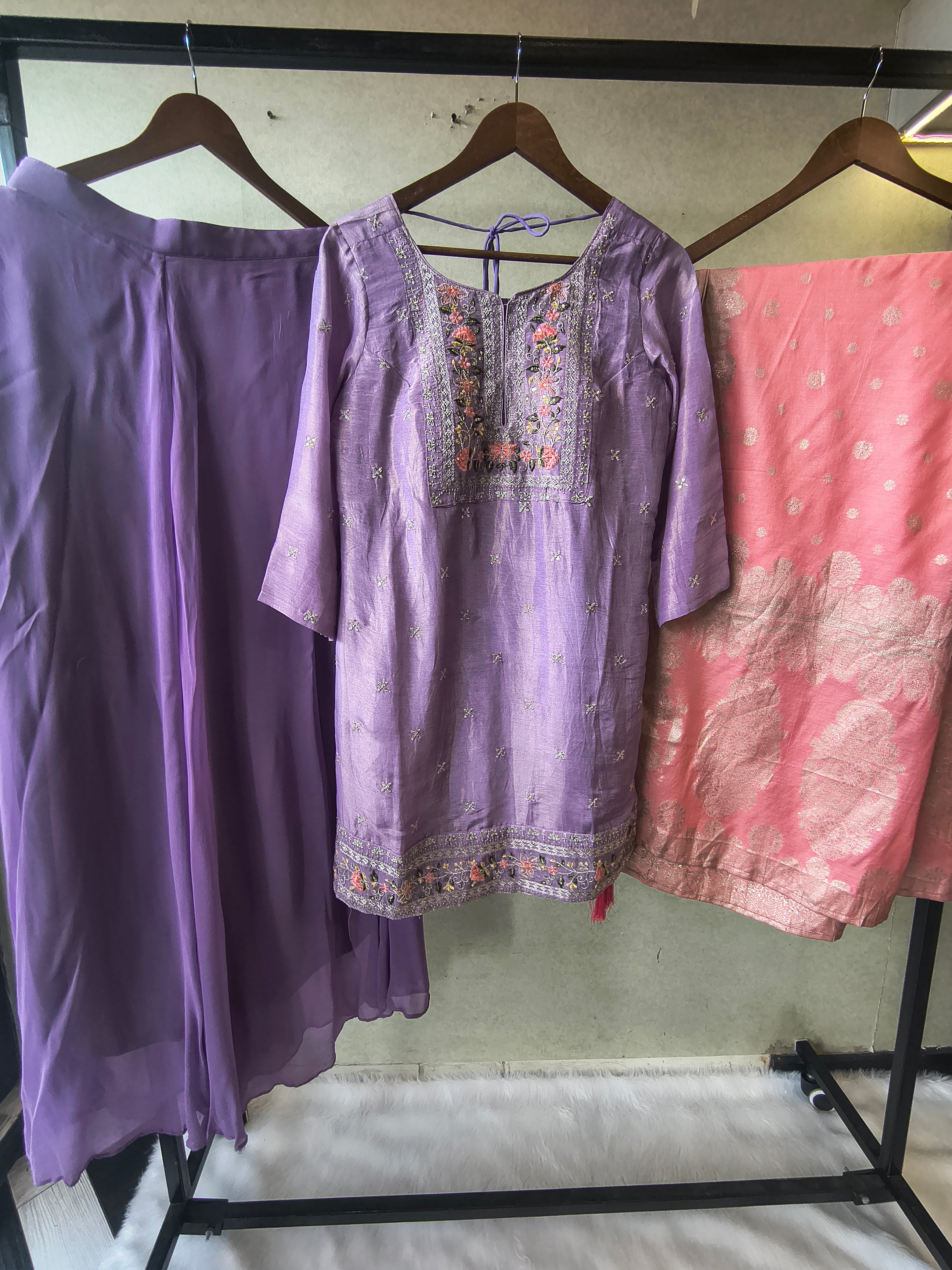 Image of Premium Lavender Embroidered Kurta with Sharara & Banarasi Dupatta Set