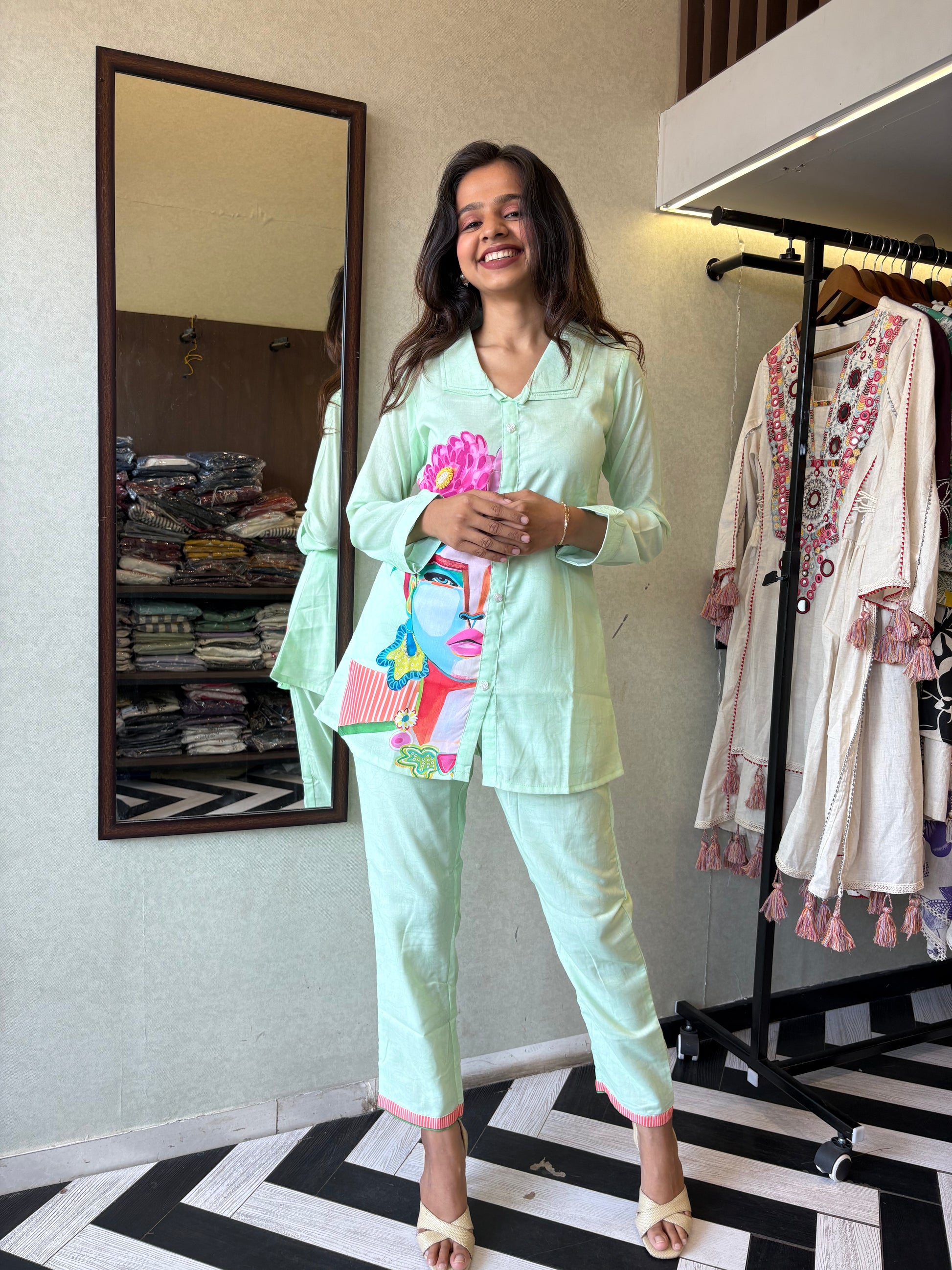 Pure cotton 2-piece coord set in soothing pista color - designed with elegant prints and made for all-day comfort.