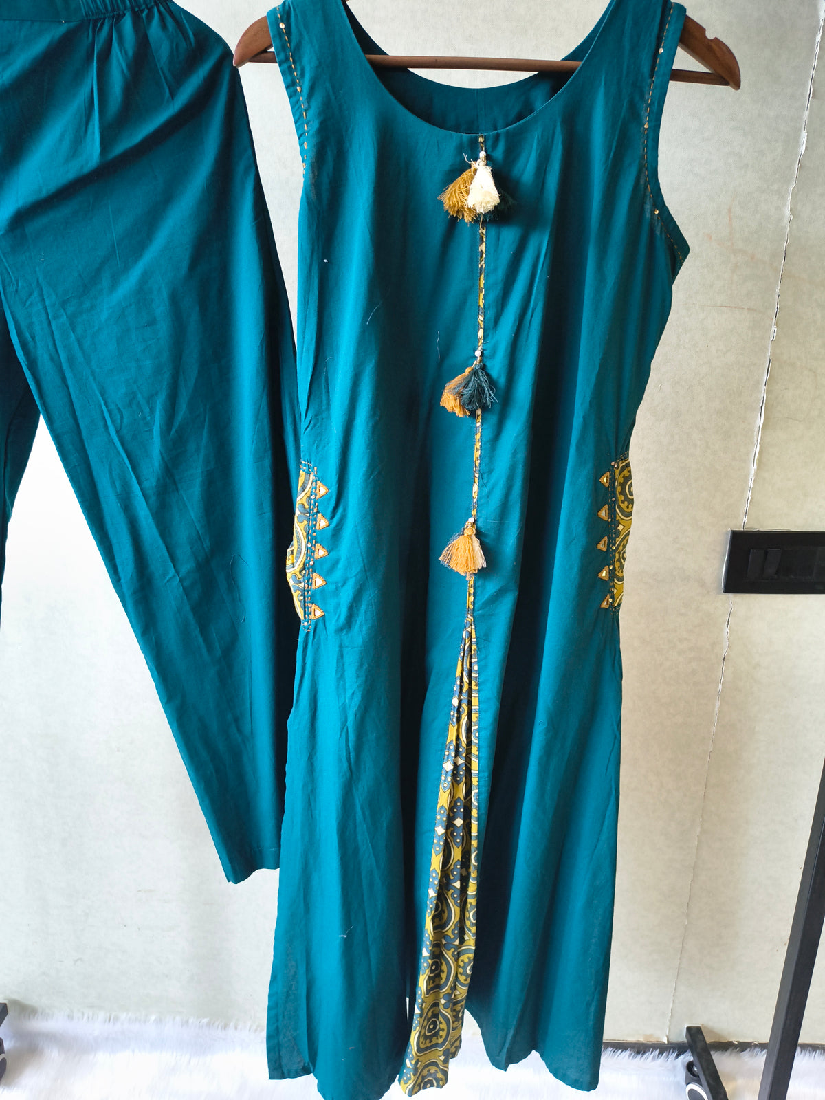 Teal Sleeveless A-Line Kurta Set with Printed Panel & Straight Pants
