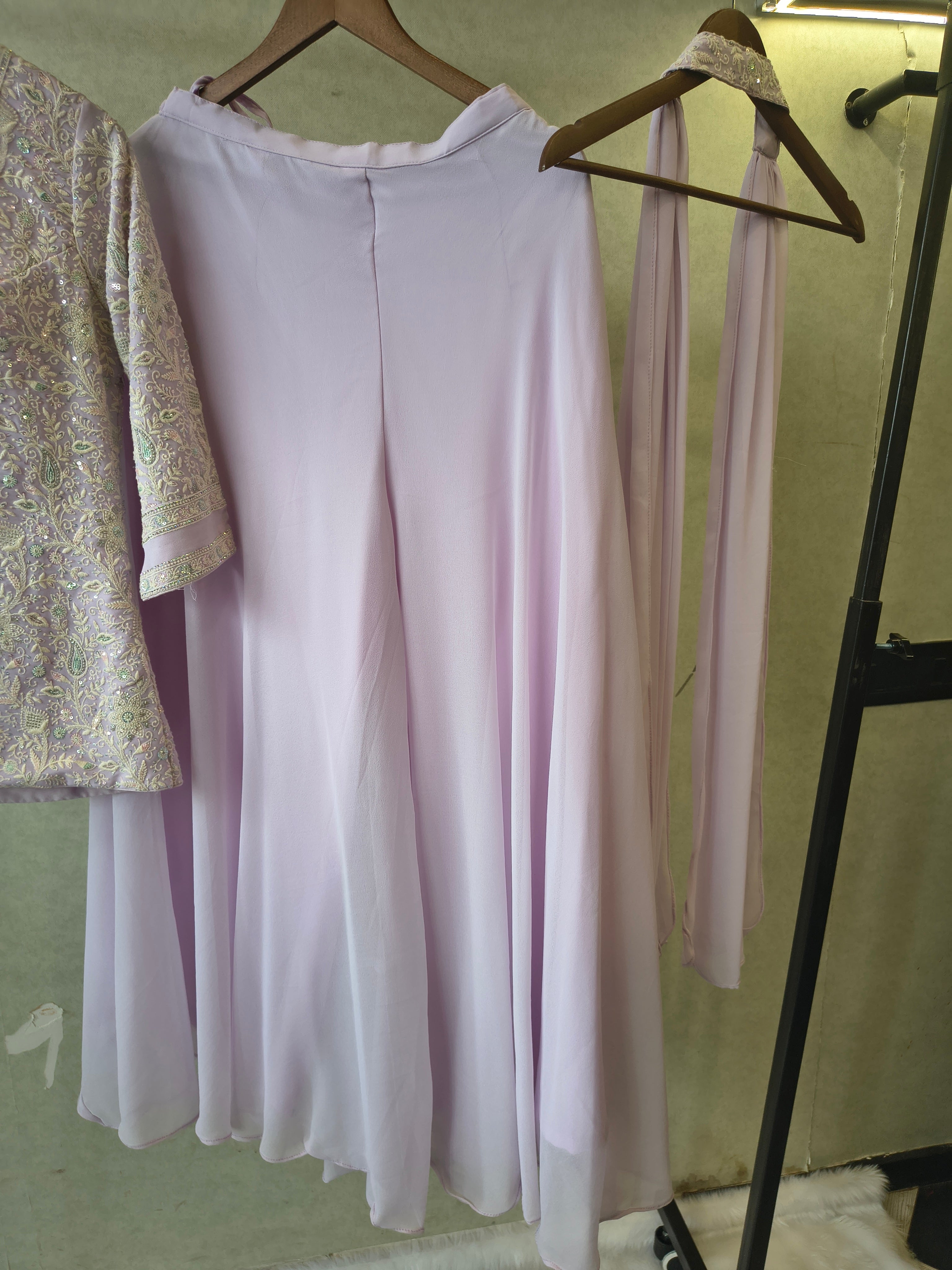 Image of Pastel Lilac Designer Embroidered Peplum Sharara Set with Chiffon Dupatta | Premium 3 Piece Festive Ensemble