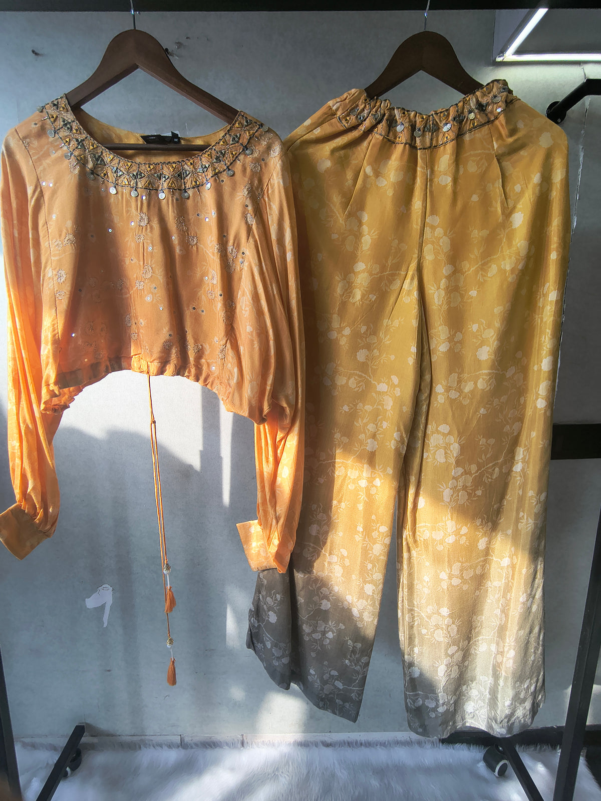 Premium Sunset Ombre Embellished Crop Top & Wide-Leg Palazzo Co-Ord Set