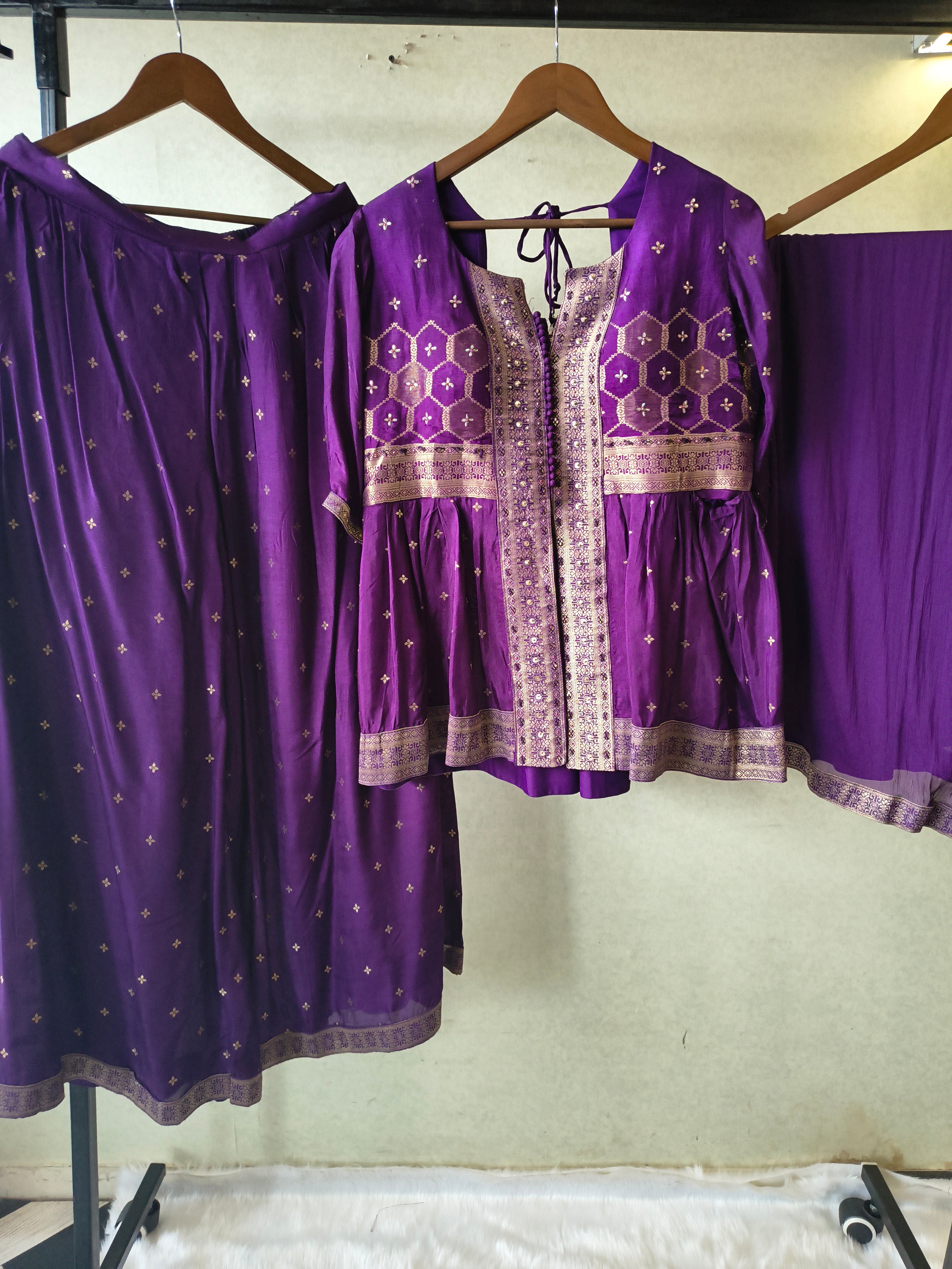 Image of Royal Purple Tissue Silk Embroidered Peplum Jacket with Flared Palazzo & Designer Dupatta – 3 Piece Festive Indo-Western Set