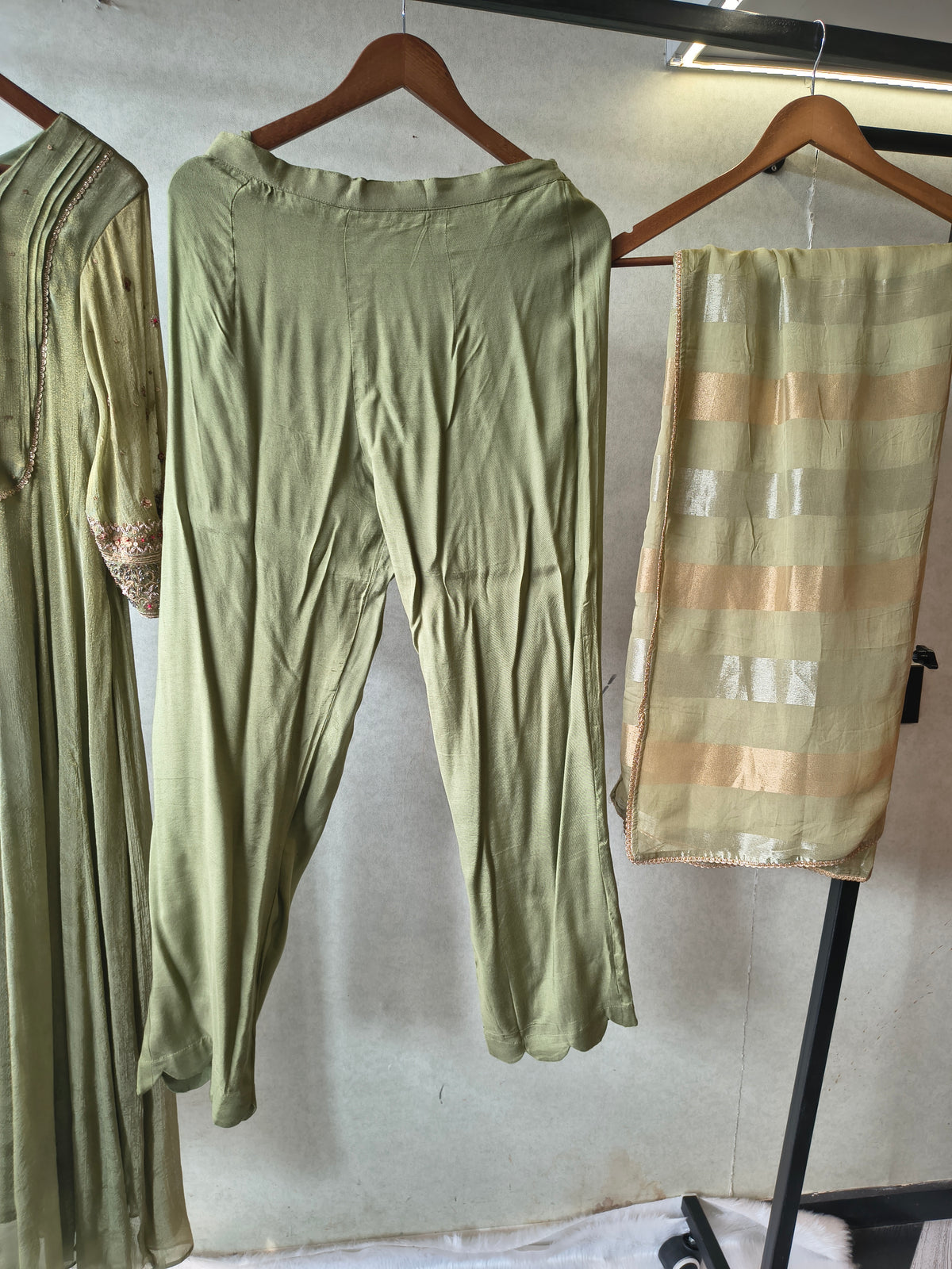 Sage Green Georgette Anarkali Suit Set with Pintuck Yoke, Embroidered Sleeves & Metallic Striped Dupatta – Premium 3 Piece Ethnic Ensemble