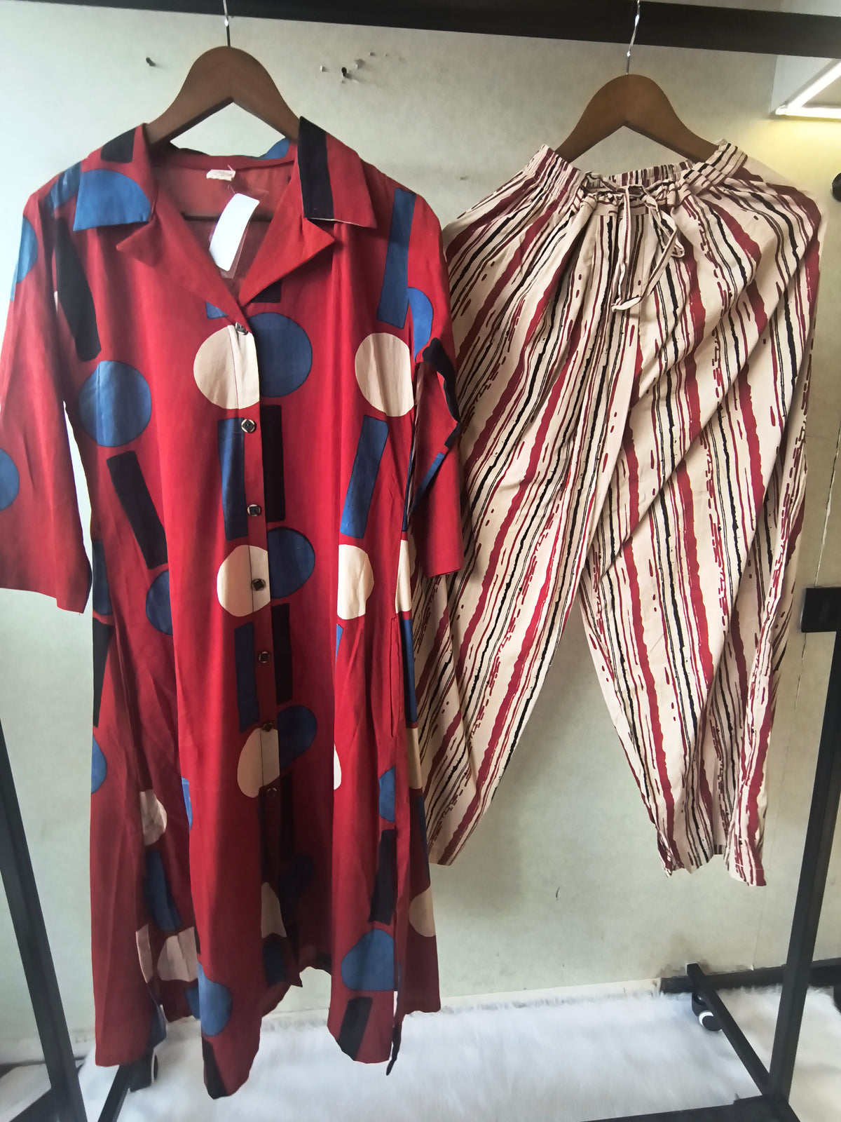 Premium Rust Red Abstract Printed Shirt Kurta with Striped Relaxed Pants Co-Ord Set