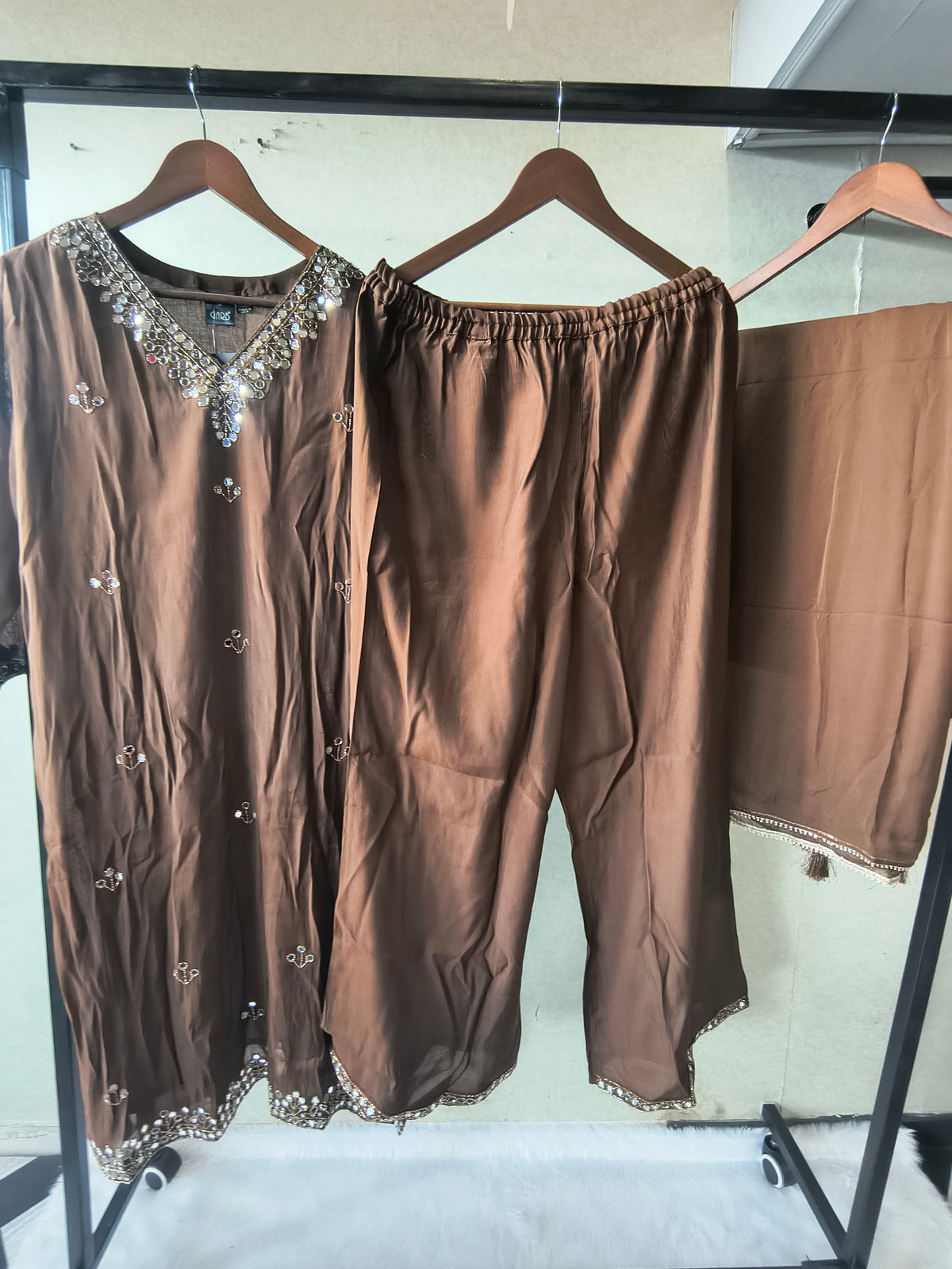 Premium Chocolate Brown Embellished Kurta Set with Mirror Work & Tassel Dupatta