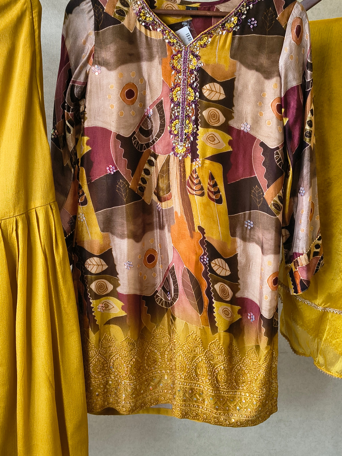Premium Mustard Abstract Printed Kurta with Sharara & Dupatta Set