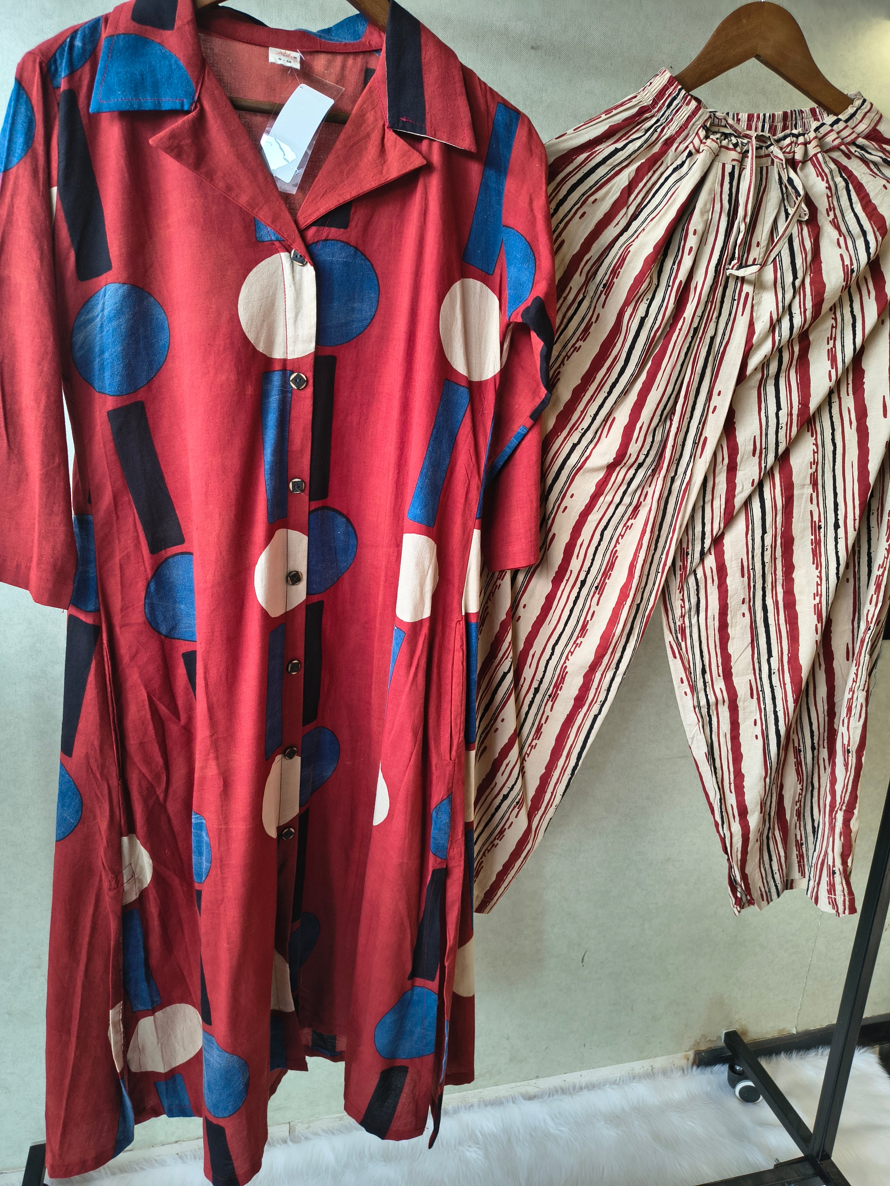 Image of Premium Rust Red Abstract Printed Shirt Kurta with Striped Relaxed Pants Co-Ord Set