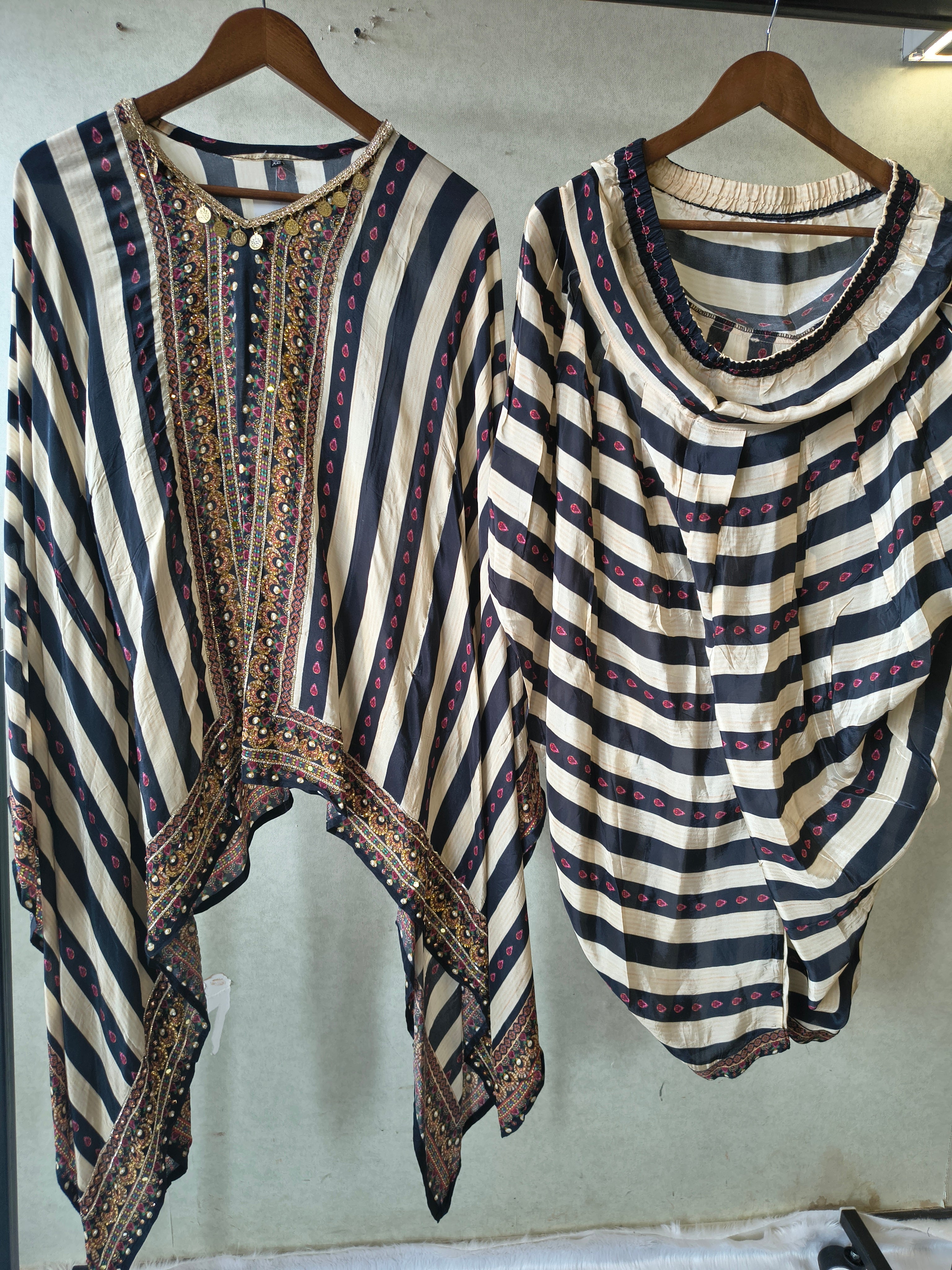 Image of Ivory & Navy Striped Designer Kaftan Co-Ord Set with Embroidered Neckline & Draped Silhouette