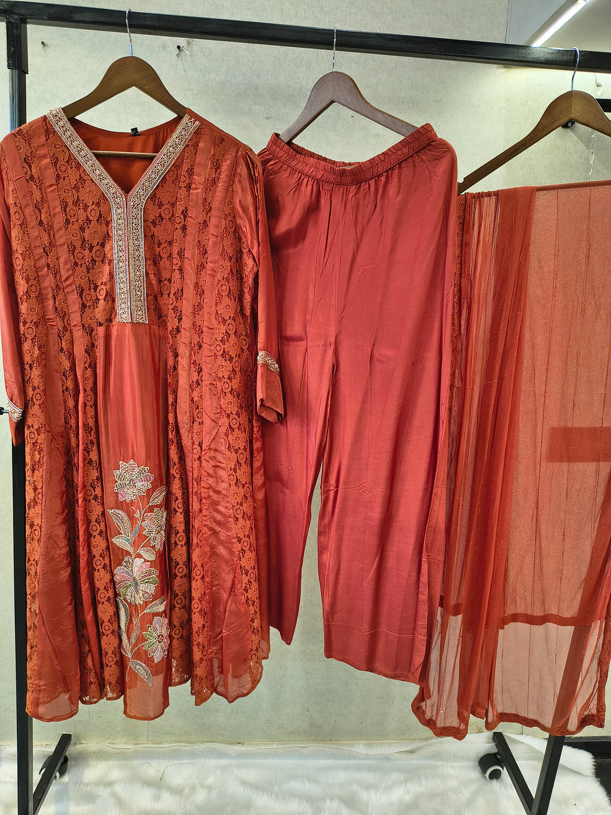 Rust Brown Designer Lace Panel Anarkali Kurta Set with Embroidered Floral Motif & Sheer Dupatta | Premium 3 Piece Festive Ensemble