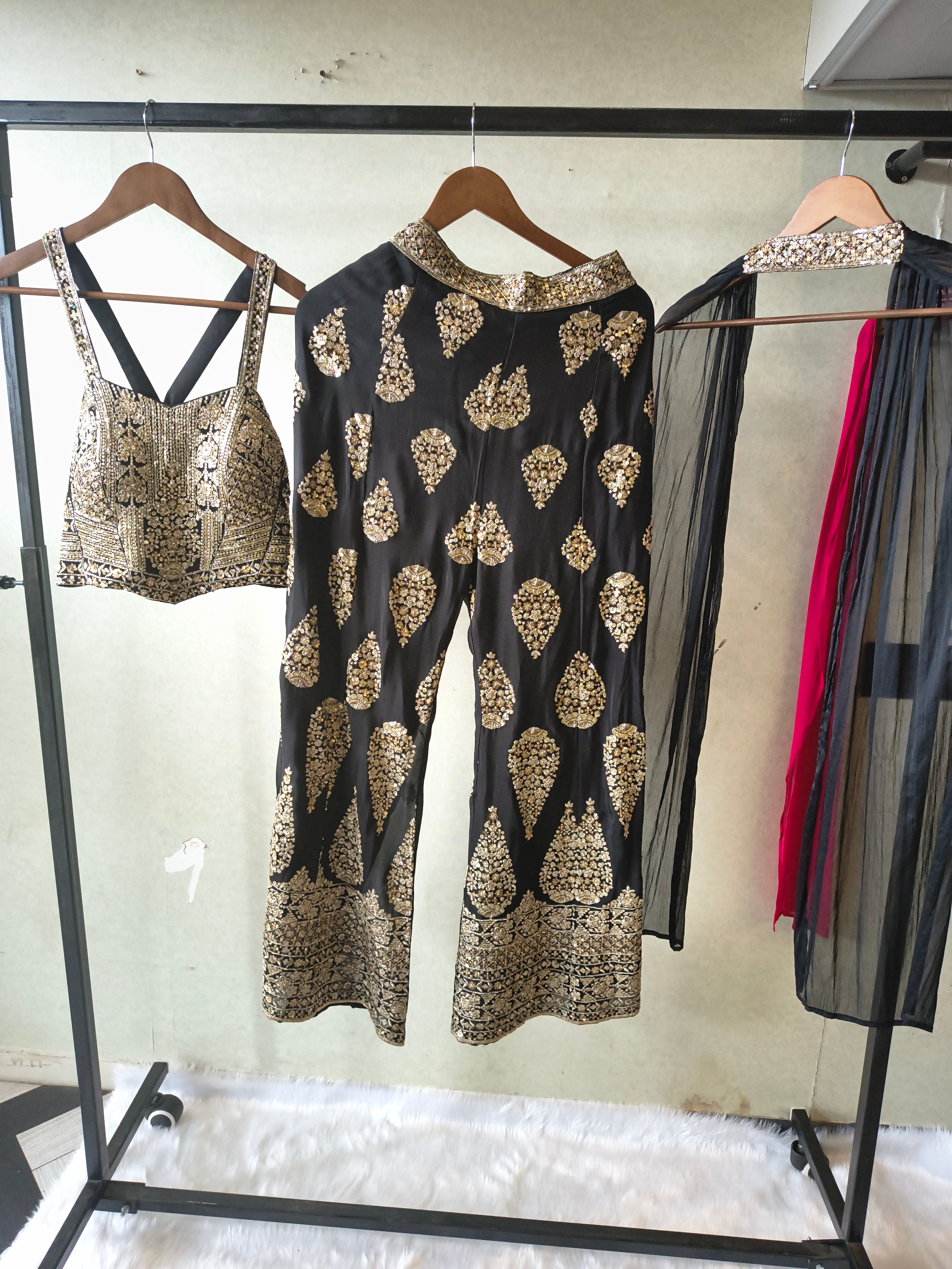 Image of Luxury Black Hand-Embroidered Bustier & Palazzo Set with Embellished Net Dupatta – 3 Piece Designer Ensemble