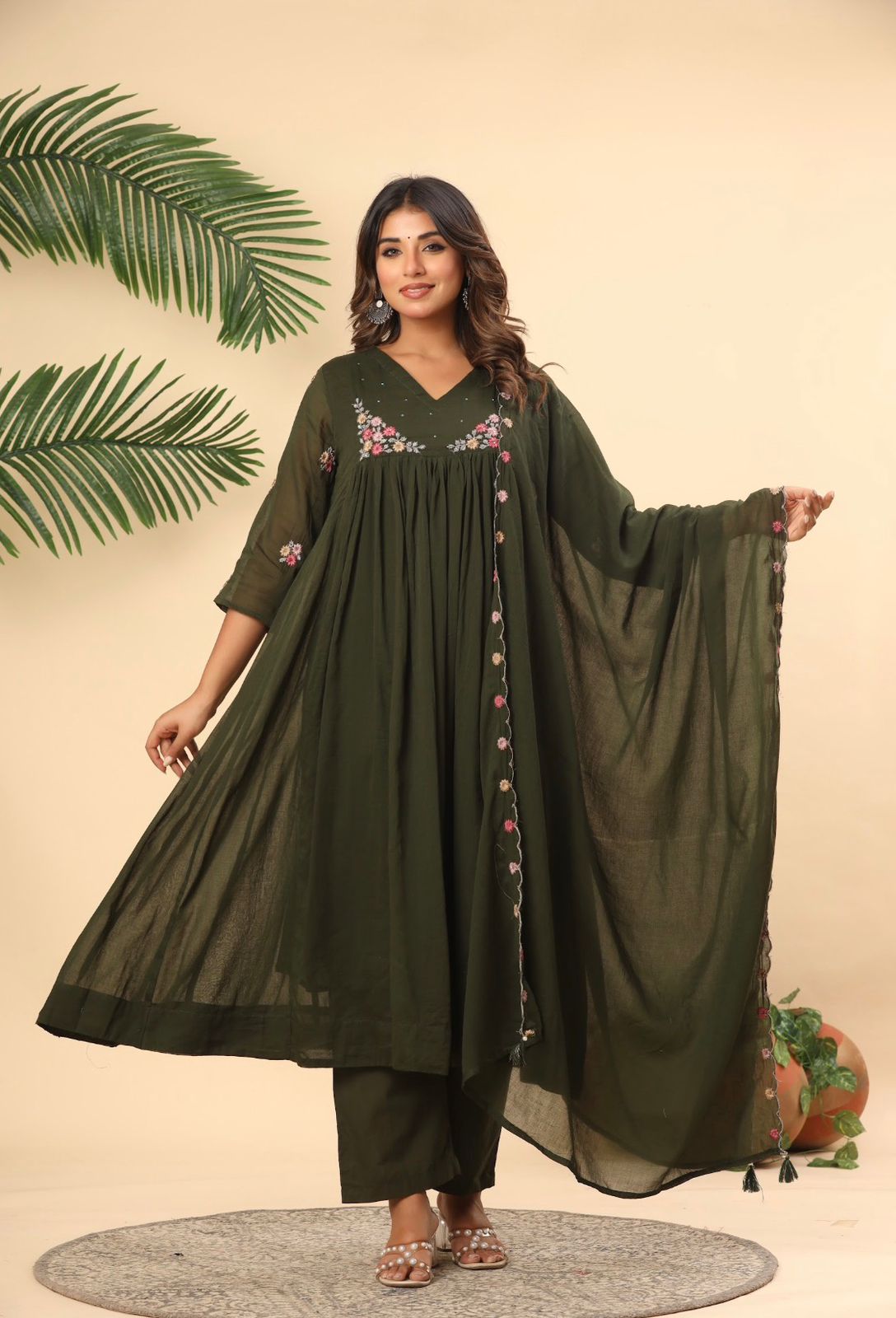 Image of Pure Mull Chanderi Cotton Anarkali Set