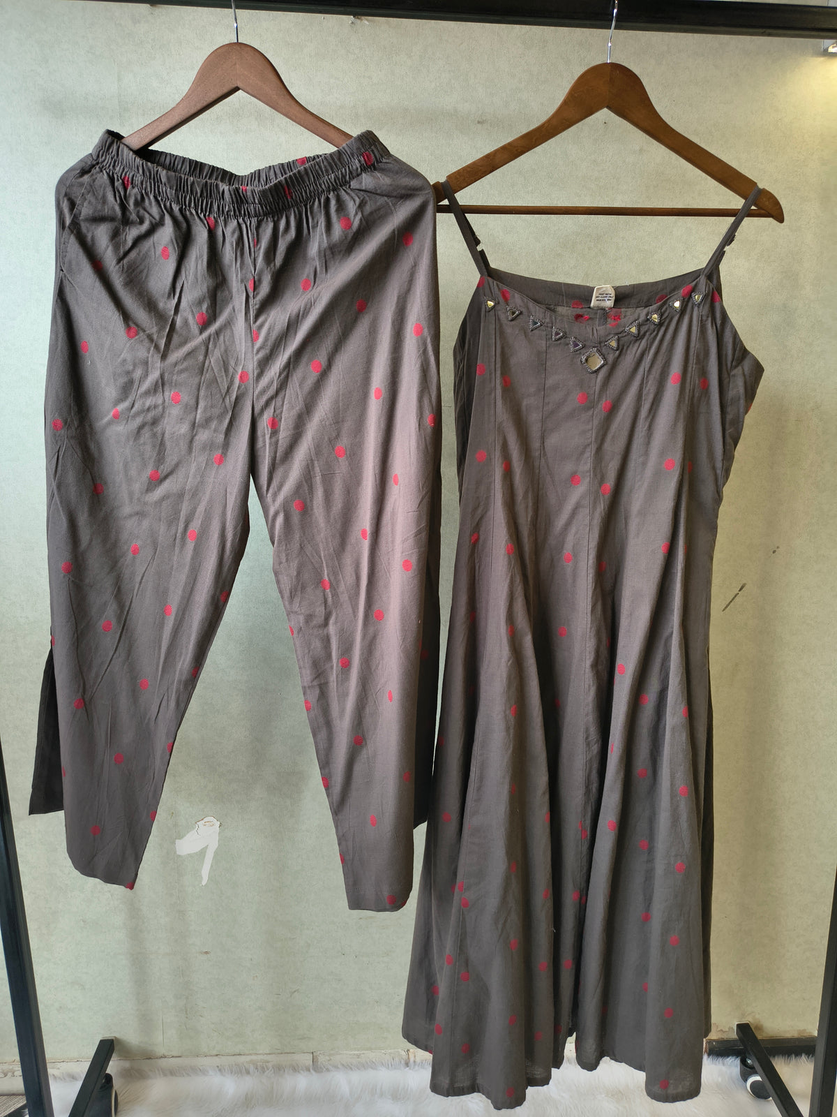 Premium Charcoal Grey Polka Dot Cotton Sleeveless A-Line Kurta & Pant Co-Ord Set