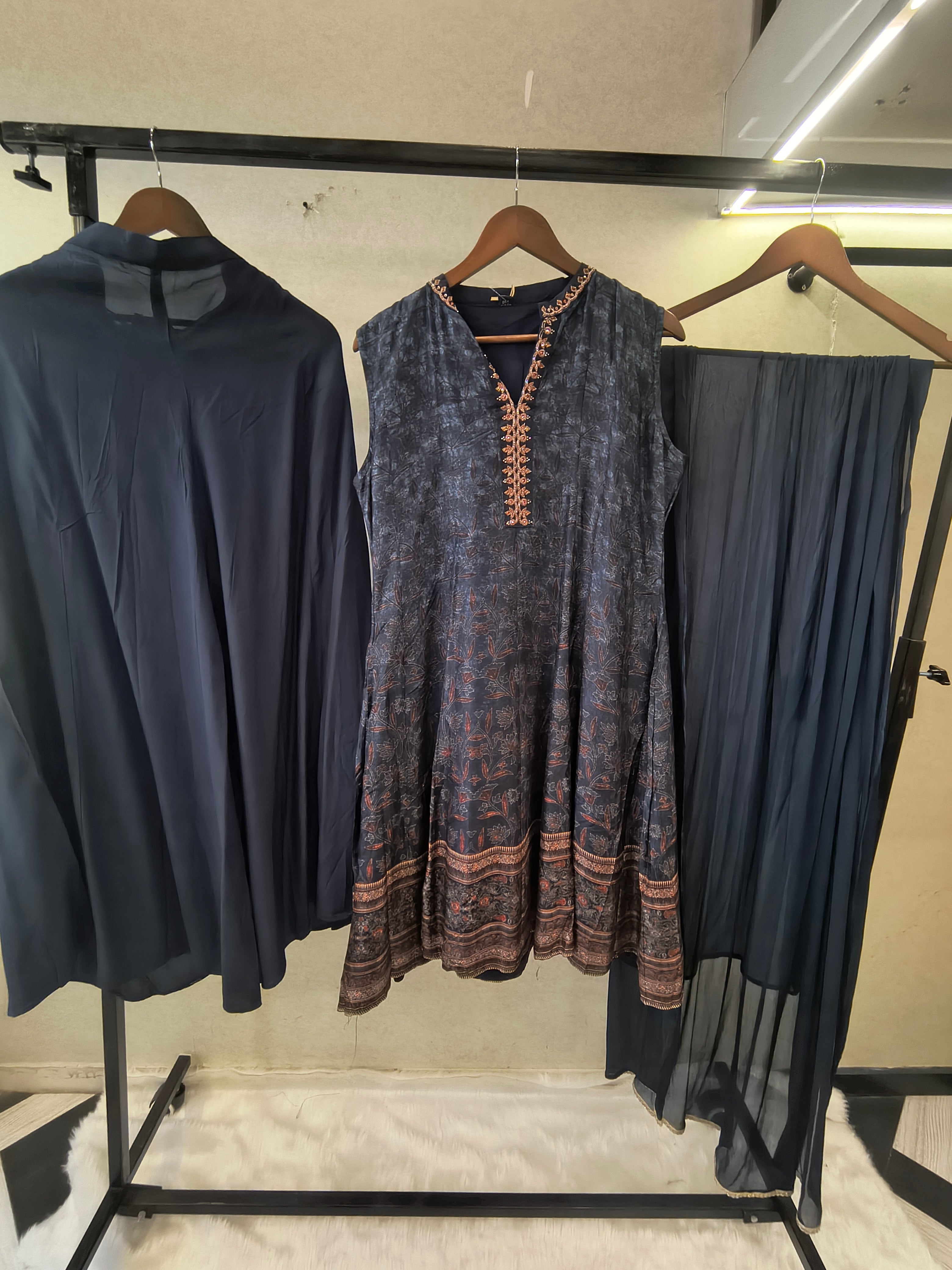 Image of Midnight Navy Printed Anarkali Kurta Set with Embroidered Neckline, Palazzo & Chiffon Dupatta | Premium 3 Piece Festive Ensemble