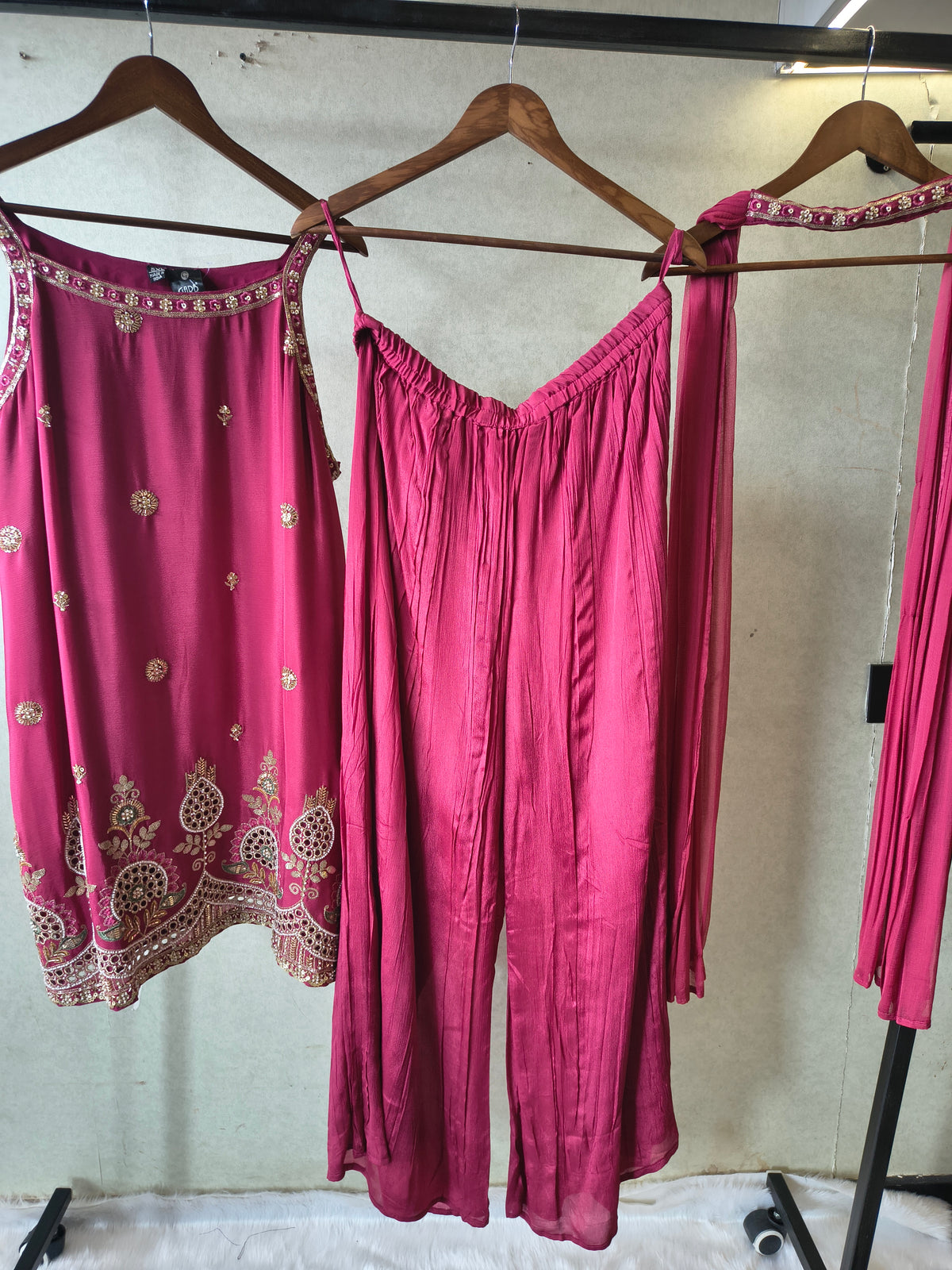 Rani Pink Hand Embroidered Kurta Set with Designer Palazzo & Embellished Dupatta – Premium 3 Piece Festive Ensemble