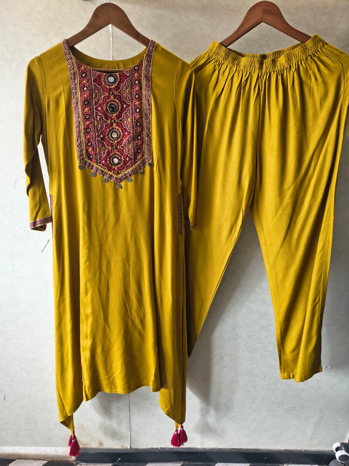 Premium Mustard Ethnic Printed Yoke Kurta Pant Co-Ord Set with Tassel Hem