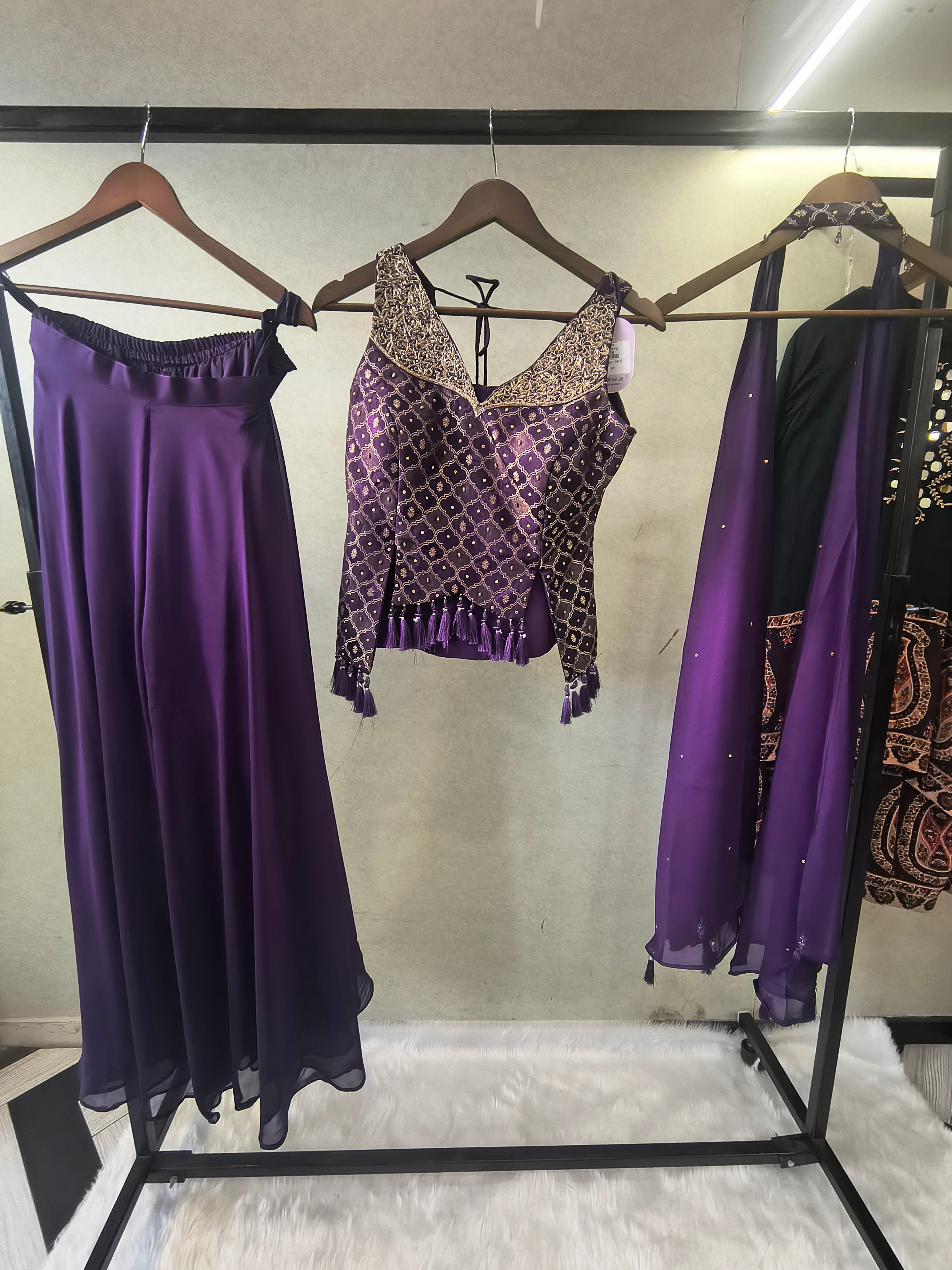 Image of Royal Purple Brocade Blouse with Flared Palazzo & Embellished Choker Dupatta – 3 Piece Designer Indo-Western Set