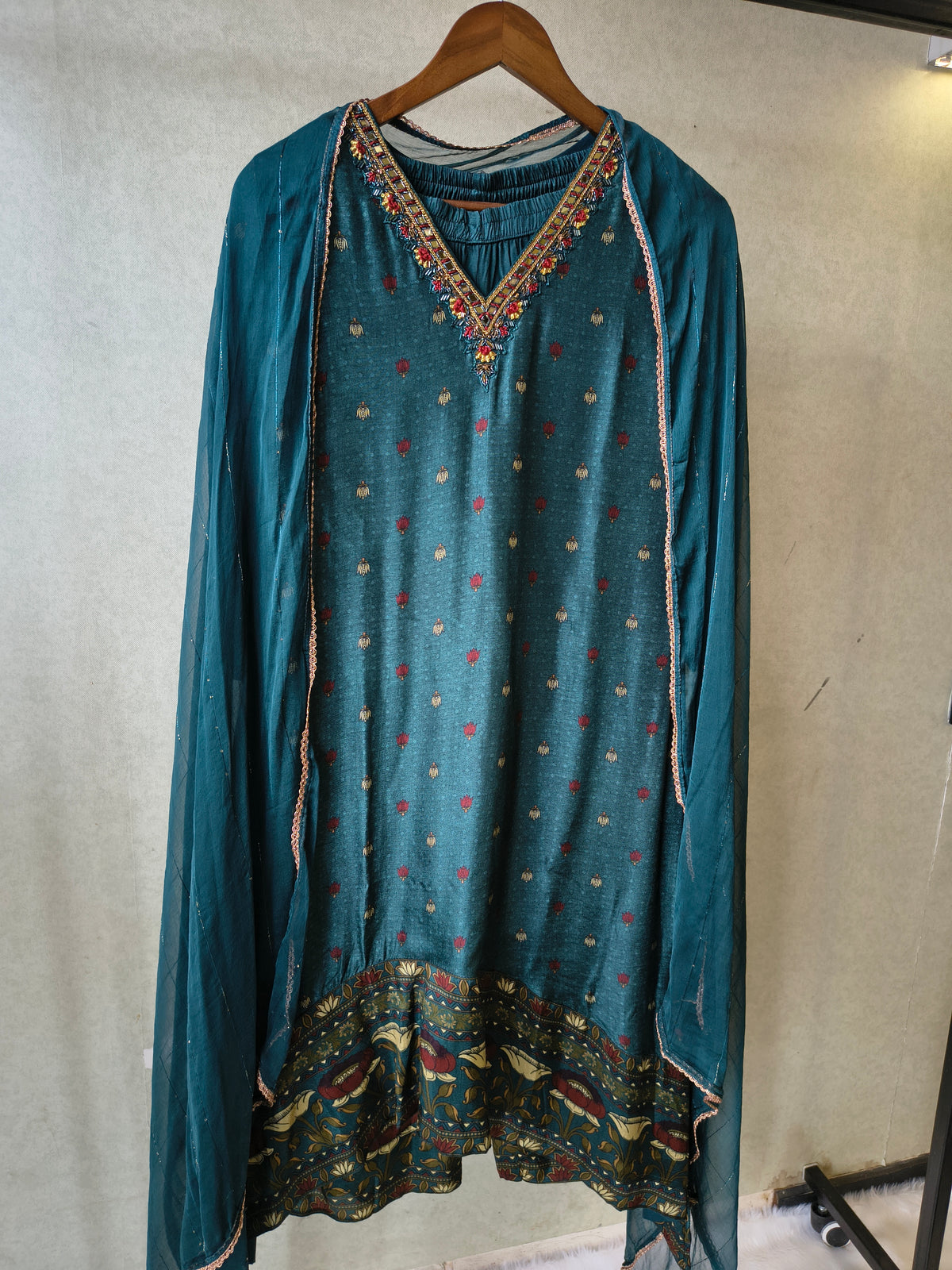 Premium Teal Printed Straight Kurta with Palazzo & Dupatta Set