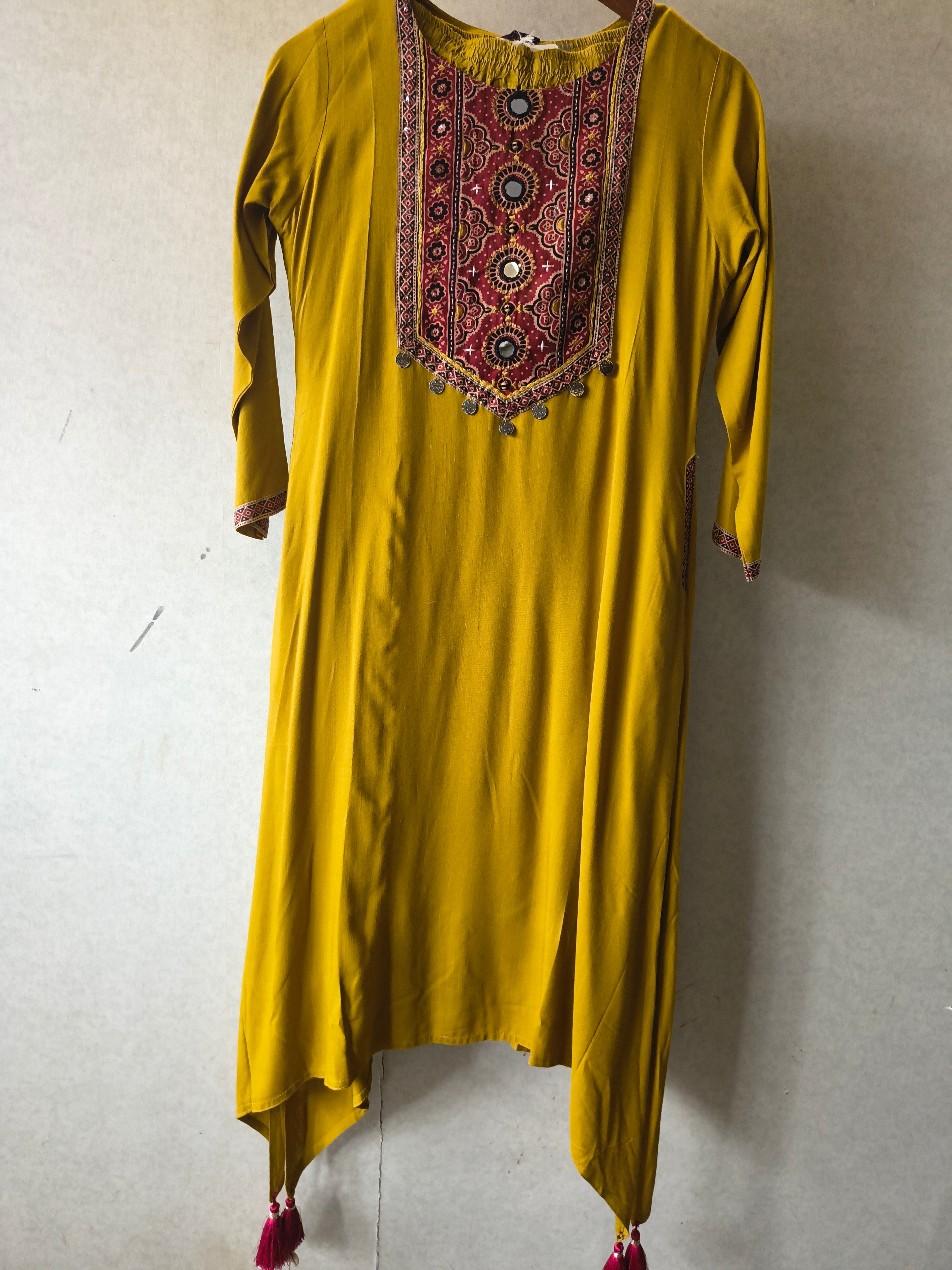 Image of Premium Mustard Ethnic Printed Yoke Kurta Pant Co-Ord Set with Tassel Hem