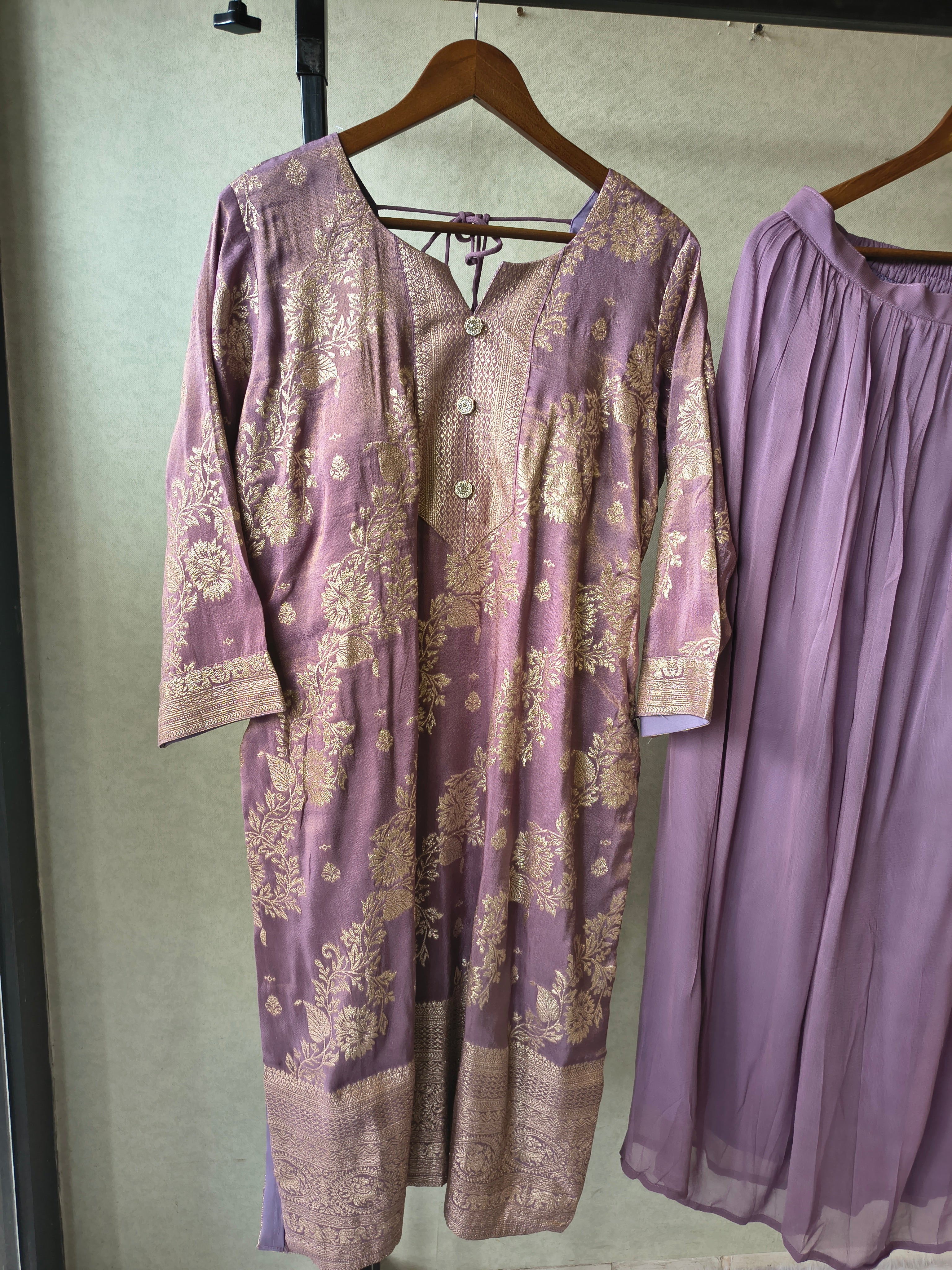Image of Premium Lavender Jacquard Straight Kurta with Georgette Sharara & Dupatta Set