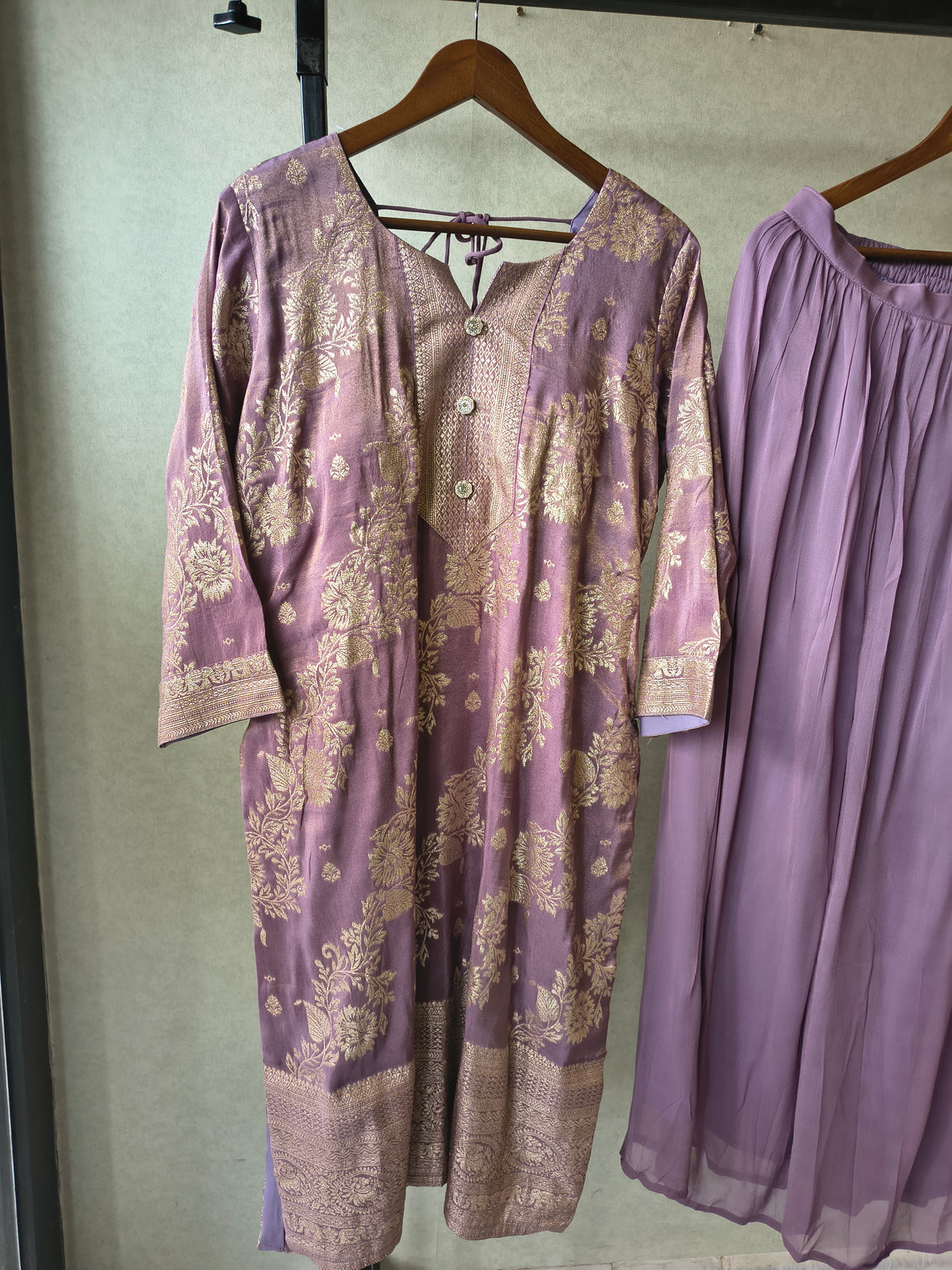 Premium Lavender Jacquard Straight Kurta with Georgette Sharara & Dupatta Set