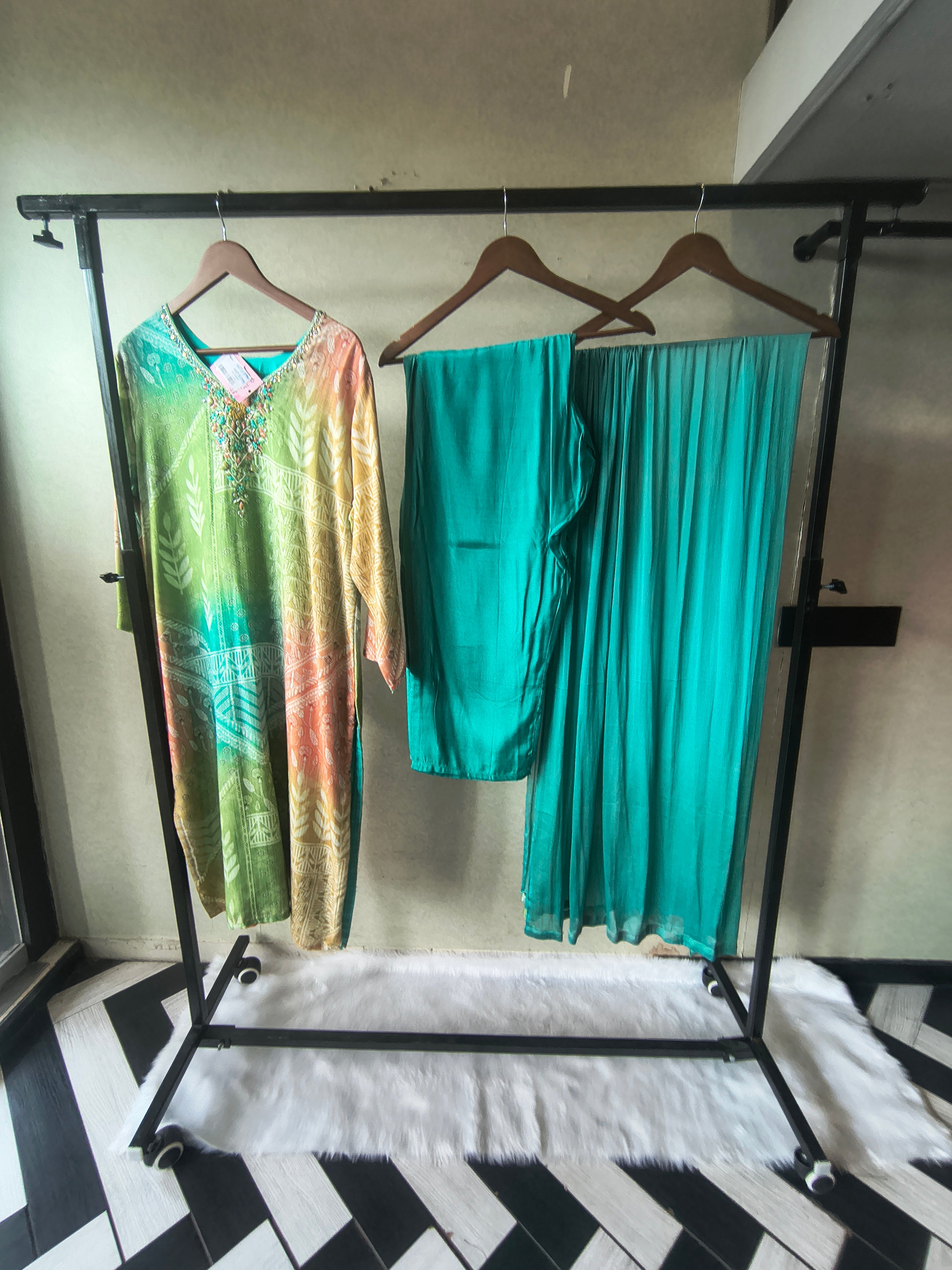 Image of Premium Aqua Ombre Printed Kurta Set with Hand-Embellished Neckline, Solid Pants & Chiffon Dupatta