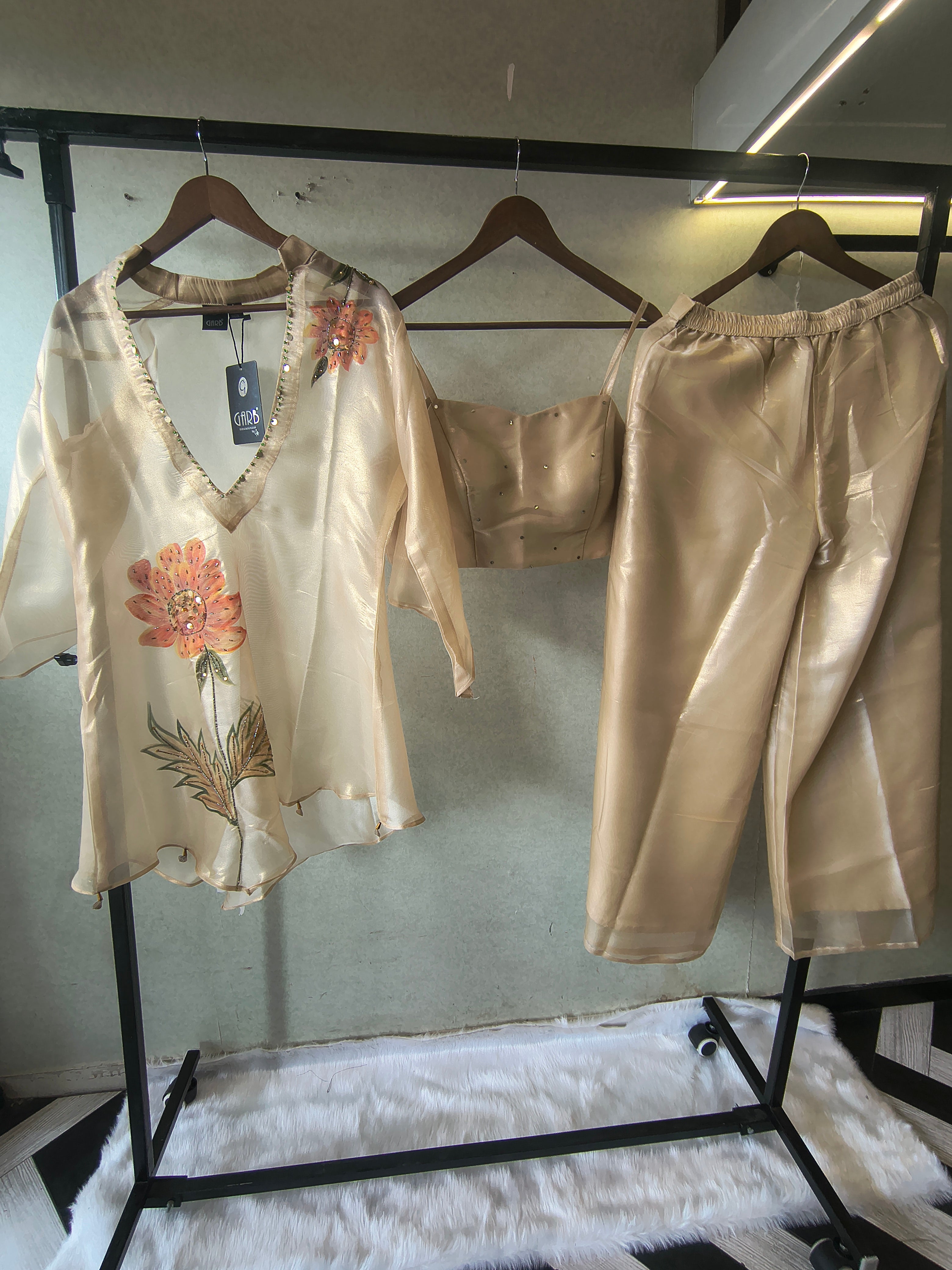 Image of Champagne Gold Floral Hand-Painted Kaftan Co-ord Set with Embellished Blouse & Satin Palazzo