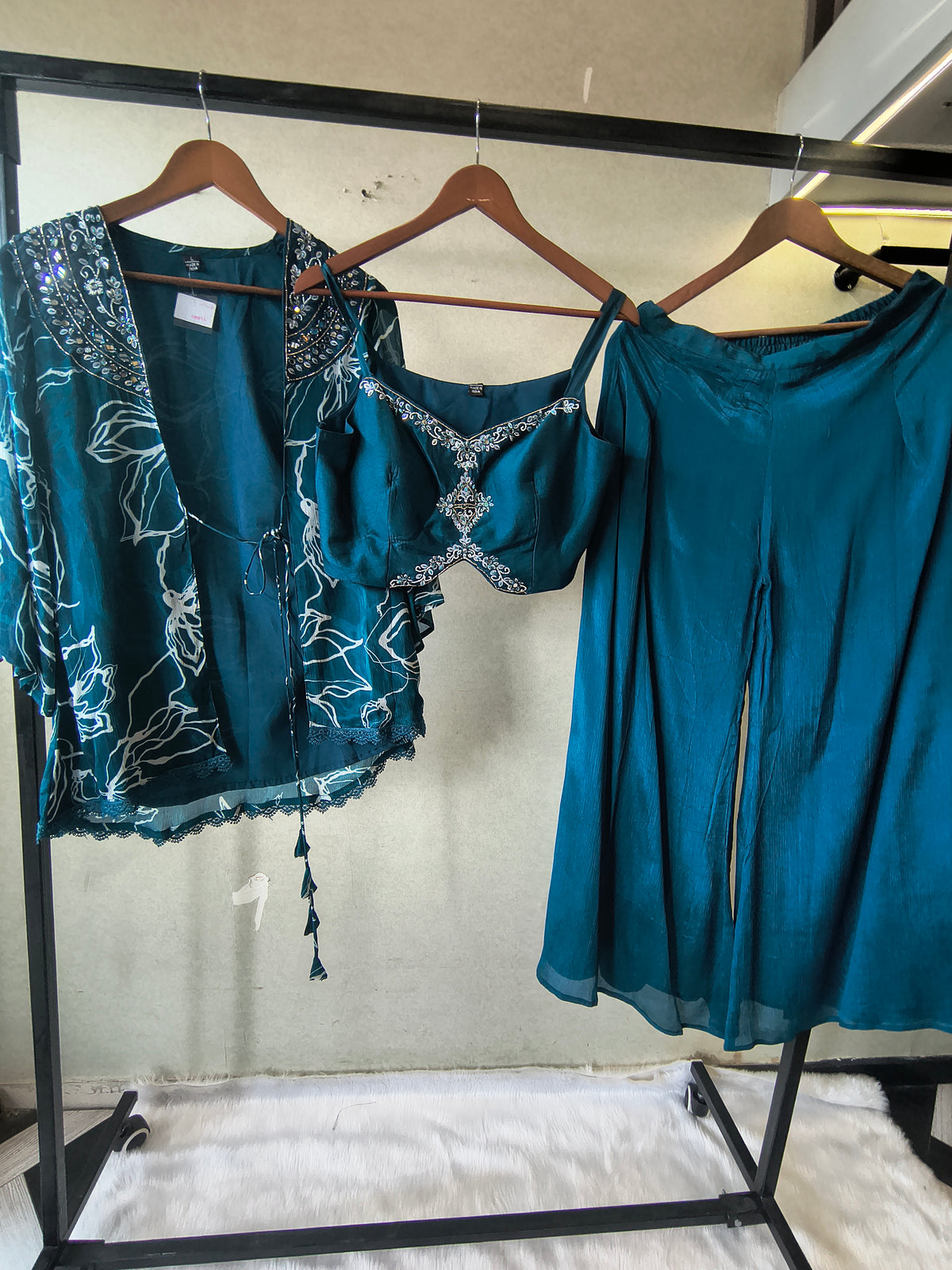 Teal Printed Shrug with Embroidered Designer Bralette & Flared Palazzo – 3 Piece Indo-Western Co-Ord Set