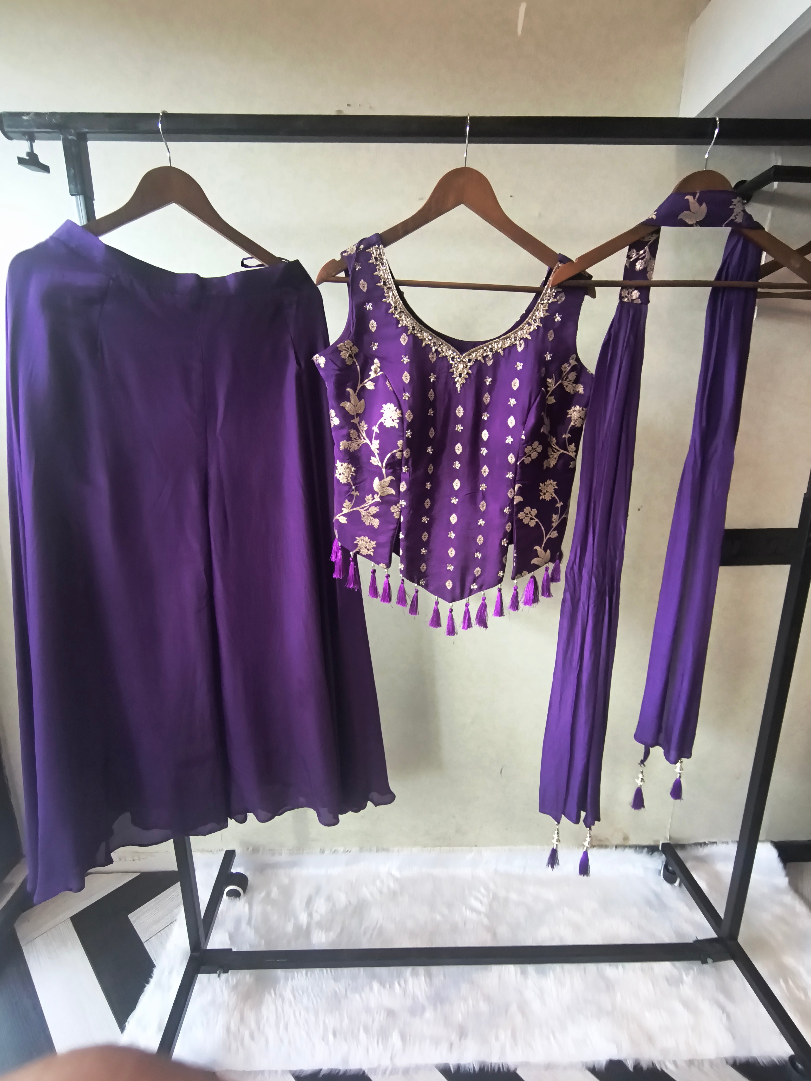 Image of Premium Royal Purple 3-Piece Designer Lehenga Set with Zari Embroidered Peplum Blouse & Dupatta