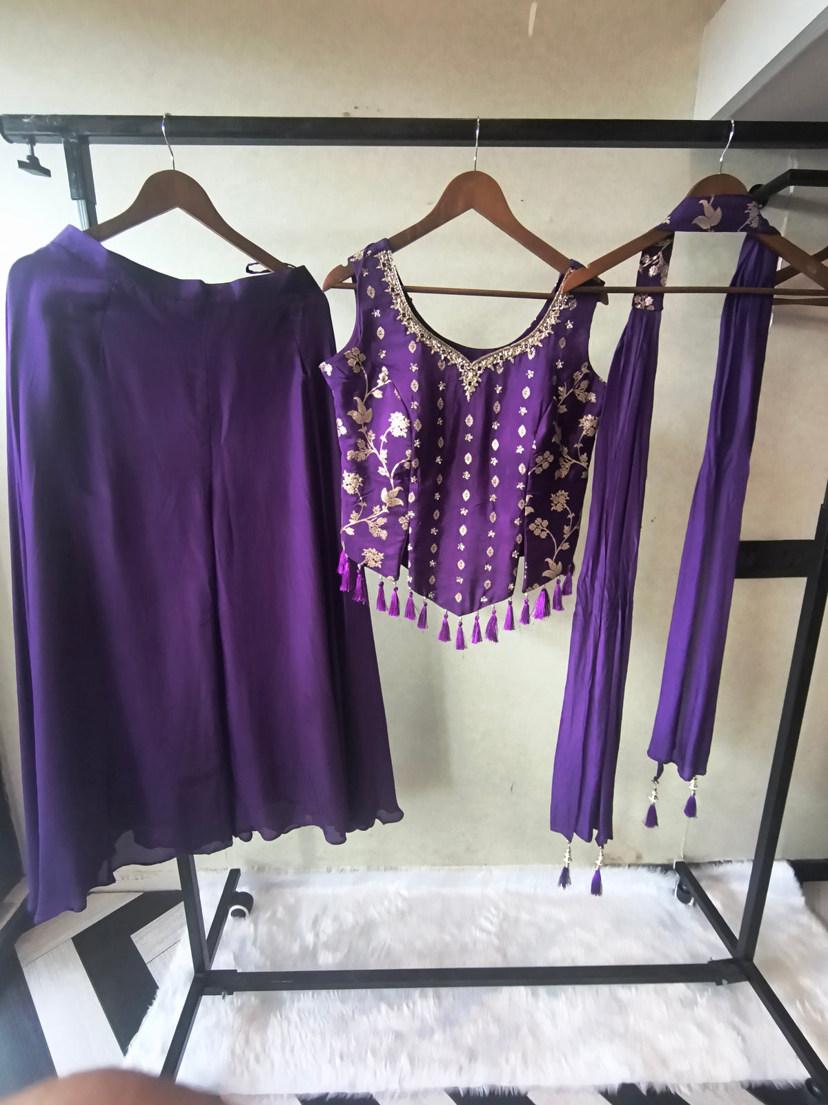 Premium Royal Purple 3-Piece Designer Lehenga Set with Zari Embroidered Peplum Blouse & Dupatta