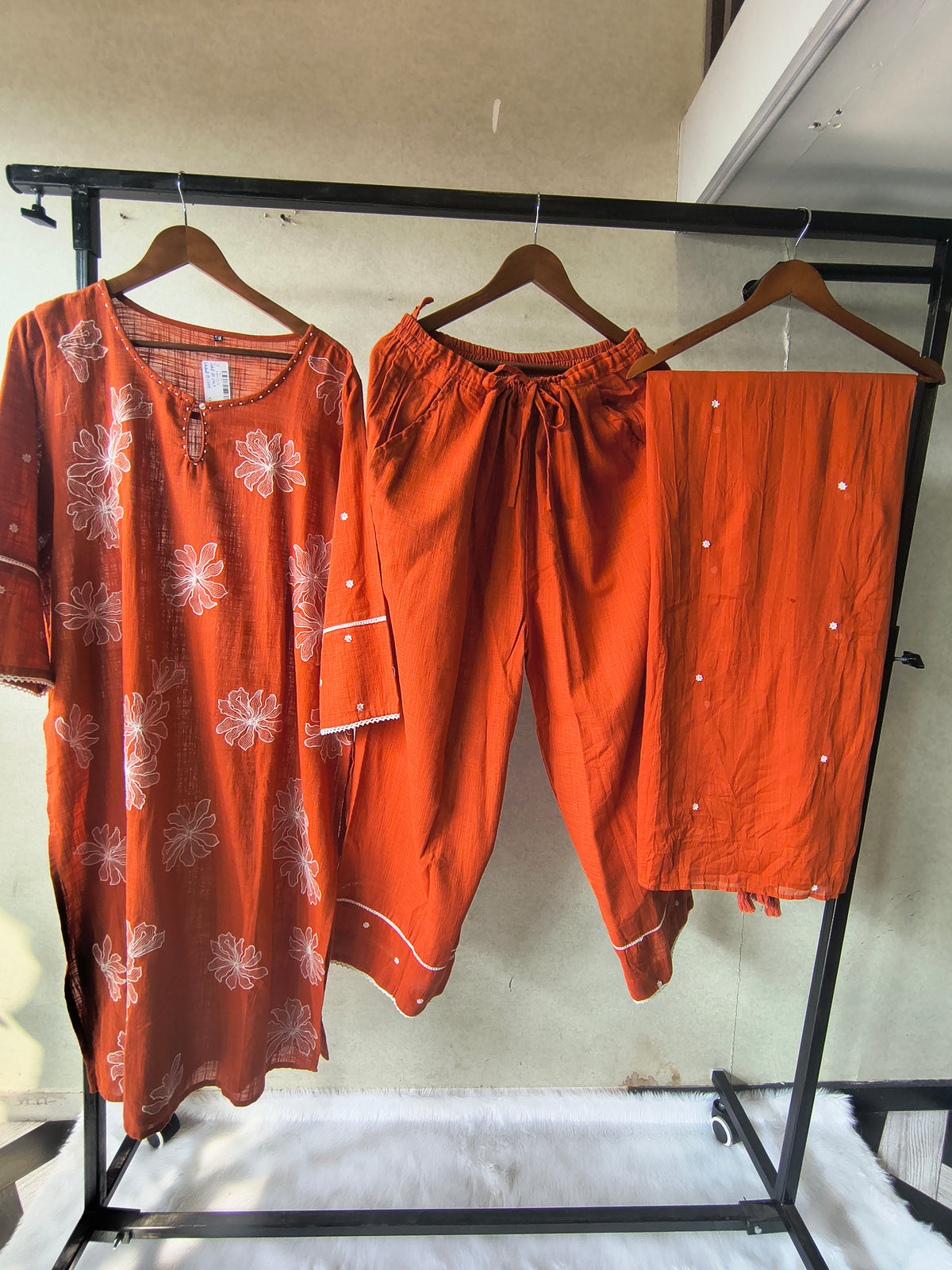 Rust Orange Floral Printed Cotton Kurta Set with Solid Pants & Embroidered Dupatta