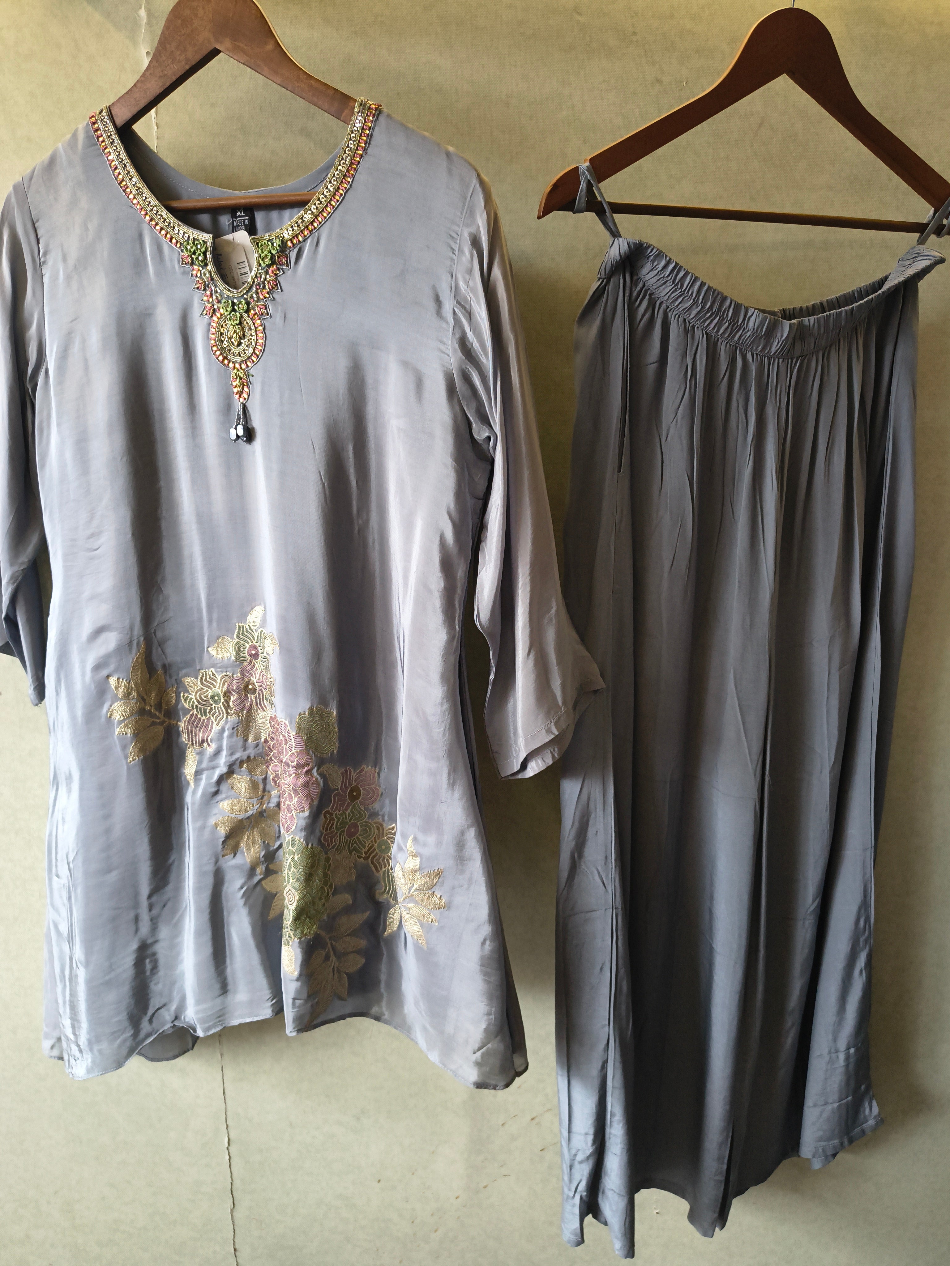 Image of Grey Embroidered Premium Silk Co-Ord Set