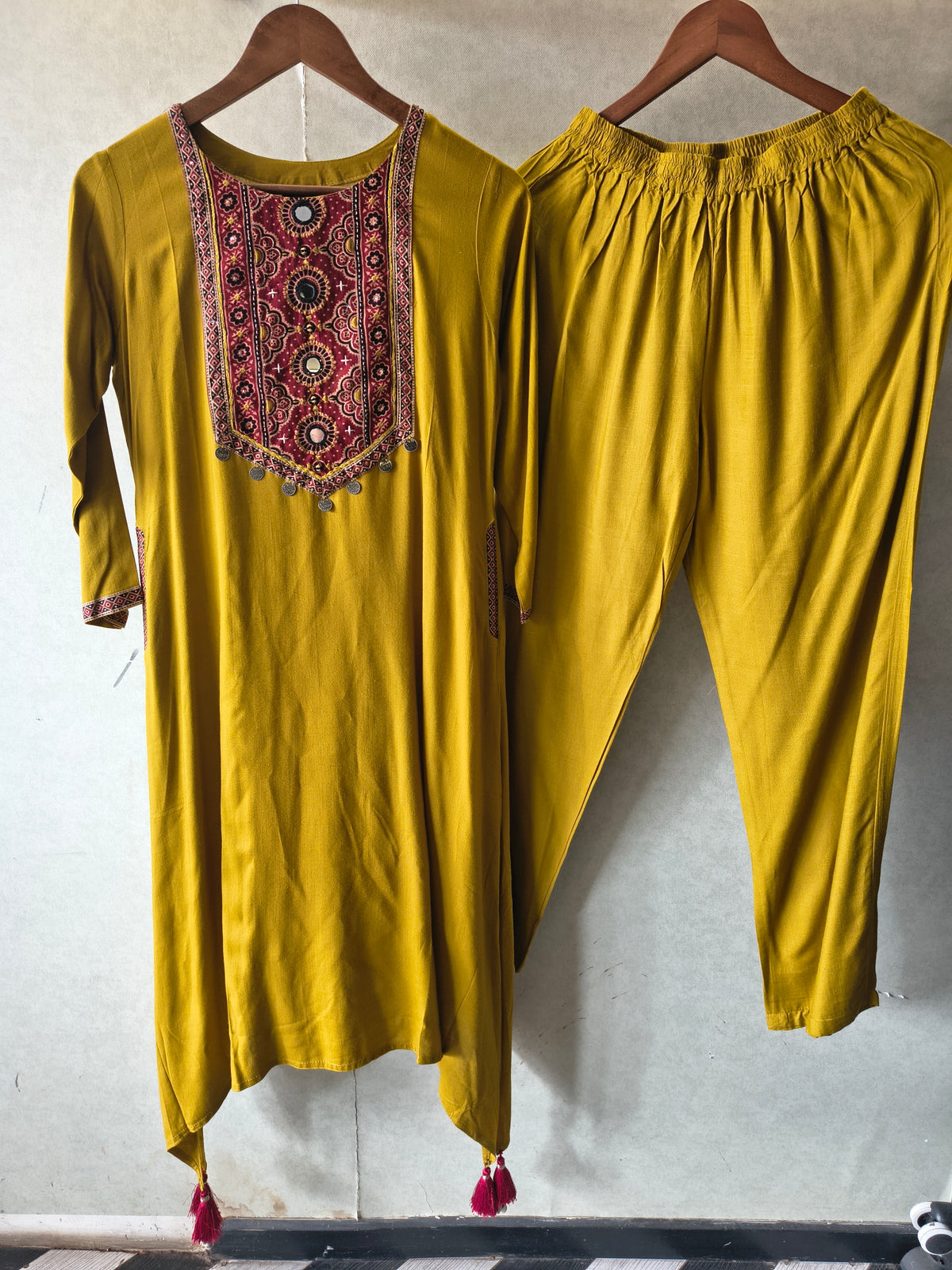 Premium Mustard Ethnic Printed Yoke Kurta Pant Co-Ord Set with Tassel Hem