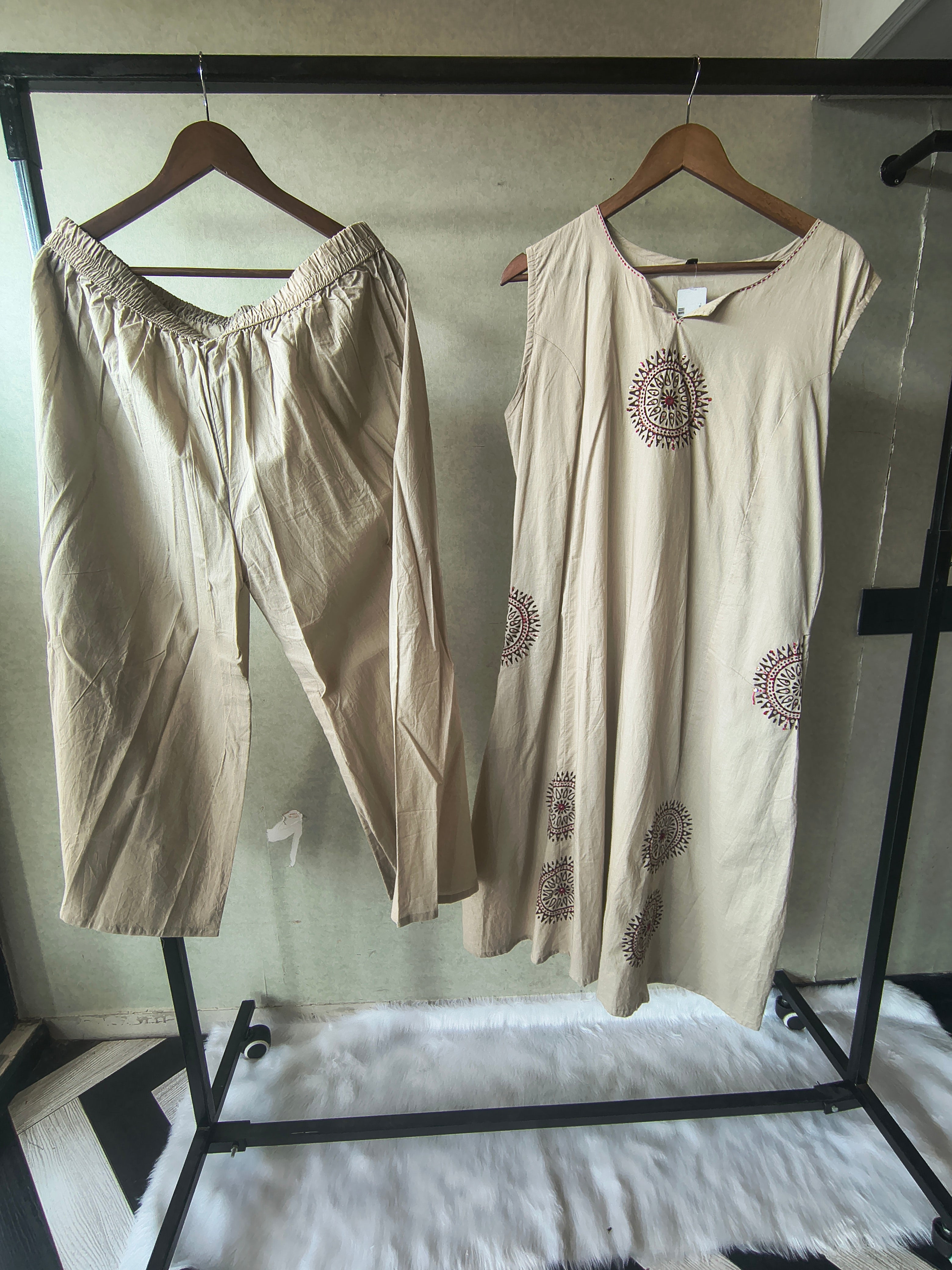 Image of Premium Beige Hand Block Motif A-Line Kurta Set with Straight Pants