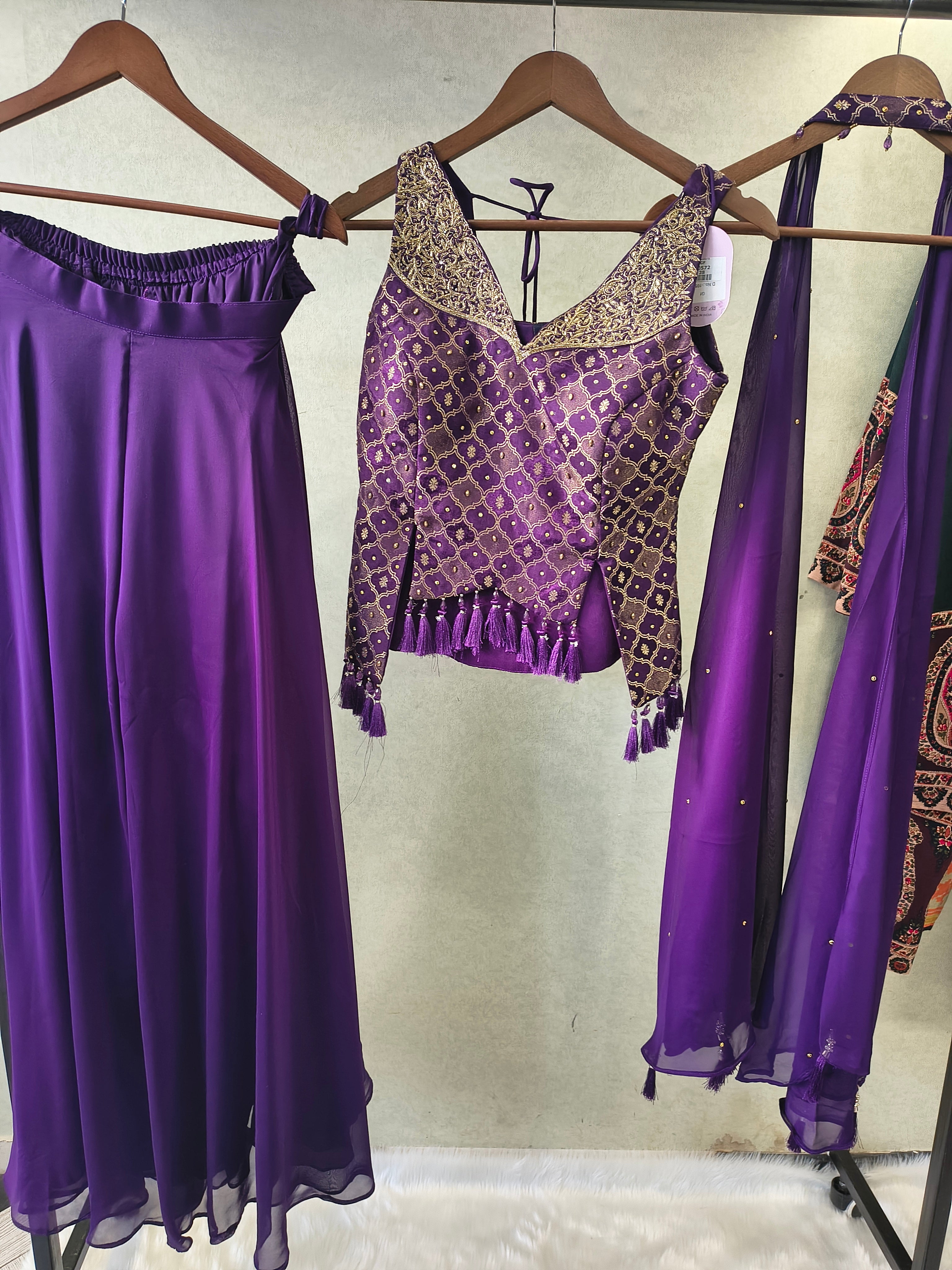 Image of Royal Purple Brocade Blouse with Flared Palazzo & Embellished Choker Dupatta – 3 Piece Designer Indo-Western Set