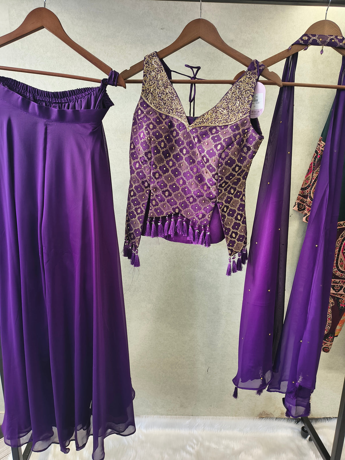 Royal Purple Brocade Blouse with Flared Palazzo & Embellished Choker Dupatta – 3 Piece Designer Indo-Western Set
