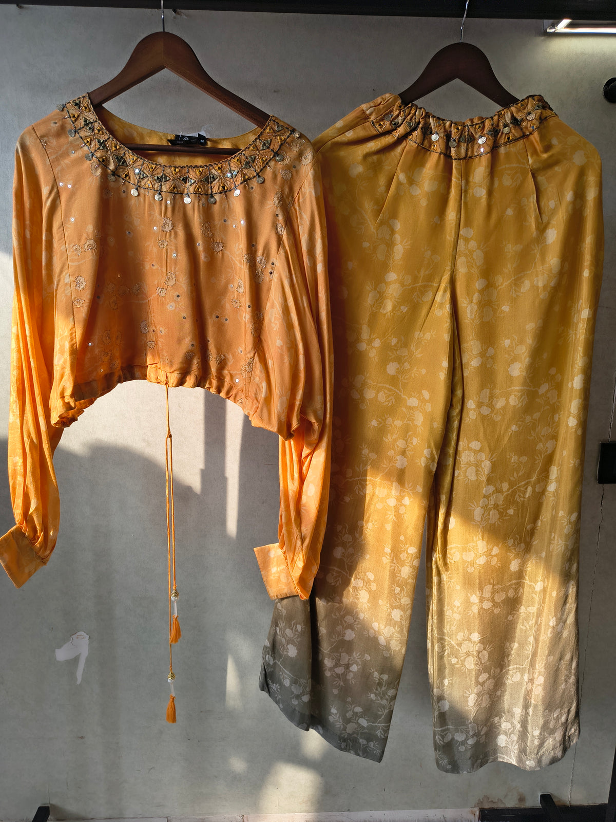 Premium Sunset Ombre Embellished Crop Top & Wide-Leg Palazzo Co-Ord Set