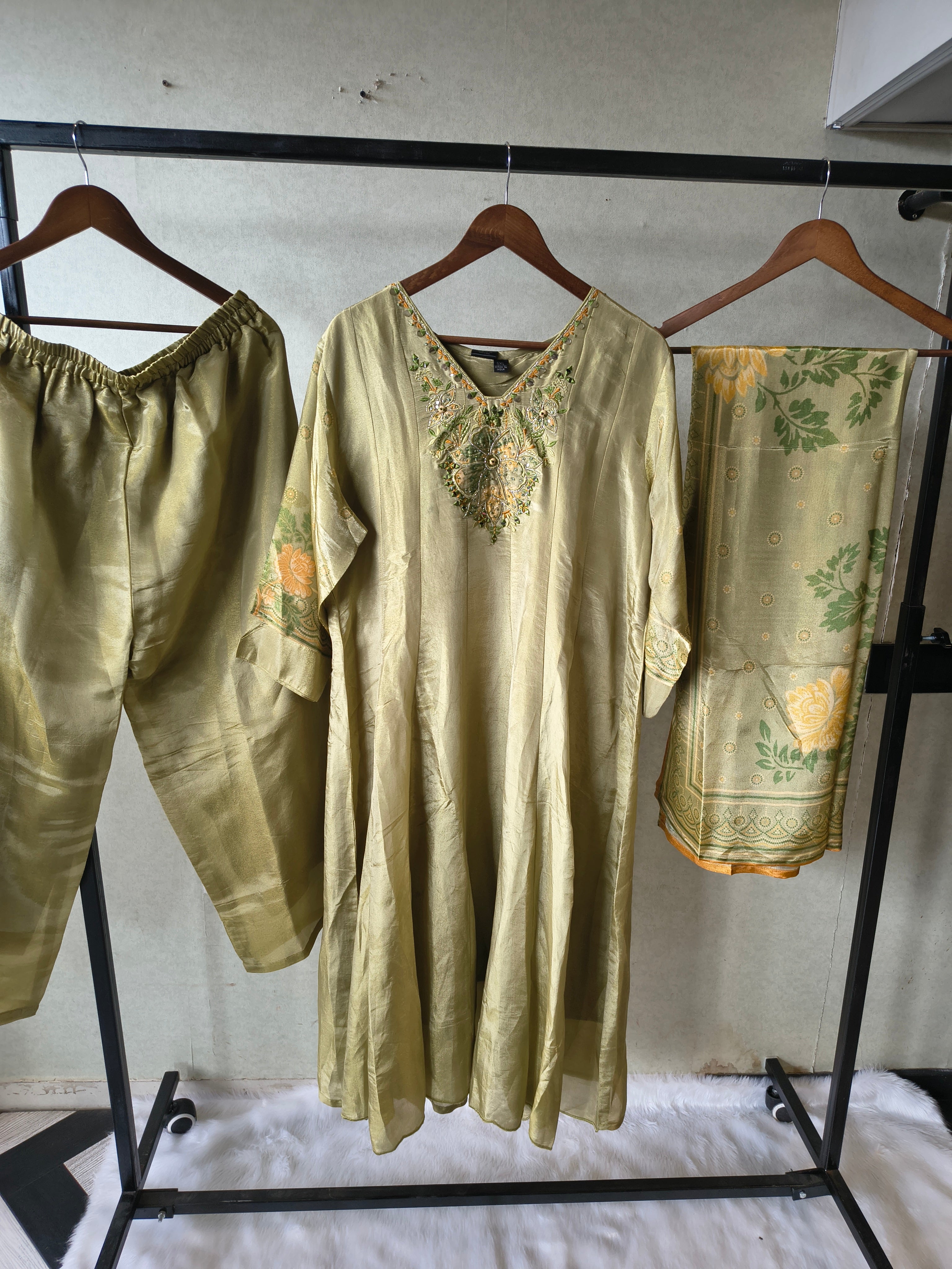 Image of Premium Pistachio Green Embroidered Silk Kurta Set with Printed Dupatta